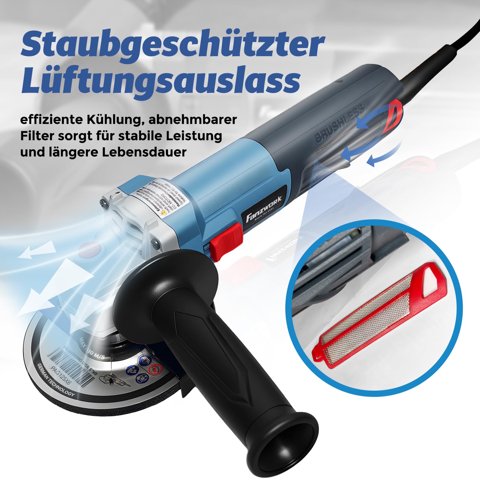 FANZTOOL Szlifierka kątowa bezszczotkowa 2100 W 125 mm z walizką