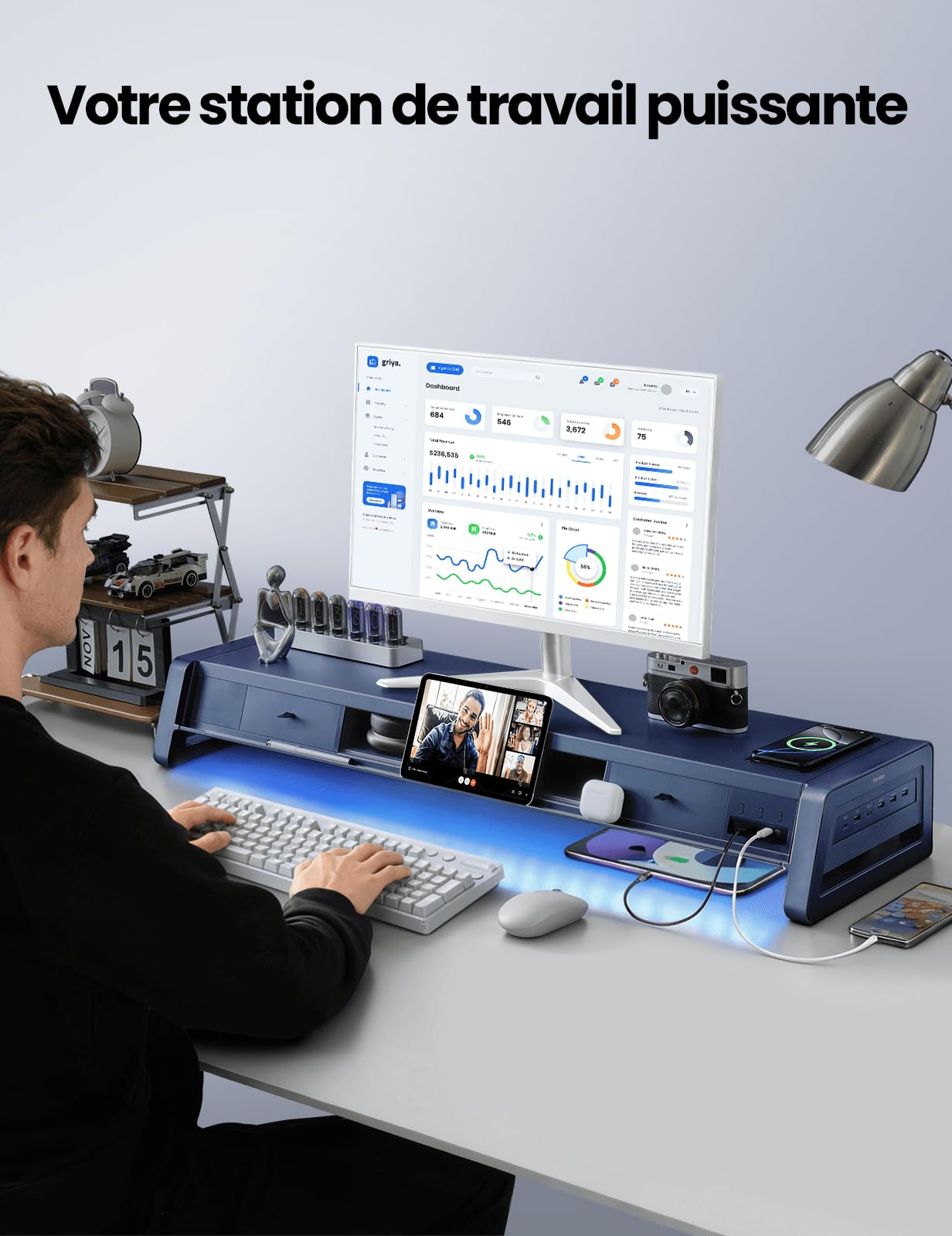 VAYDEER Support double moniteur avec 8 ports USB 3.0, support de transfert de données pour 2 moniteurs, support en métal pour PC, ordinateur portable, jusqu'à 32 pouces, noir