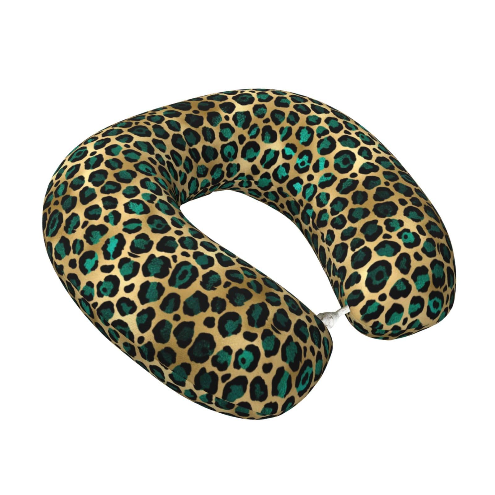 LKYMOH Teal And Gold Leopard, Travel Neck Pillow U-Shaped Memory Neck Support Soft Comfortable With Washable Cover For Airplane Car Traveling and Office