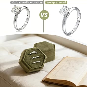 3-Slot Hexagon Velvet Jewelry Ring Box - Vintage Olive Green Ring Display Holder, Ideal for Wedding Proposal Engagement Gift