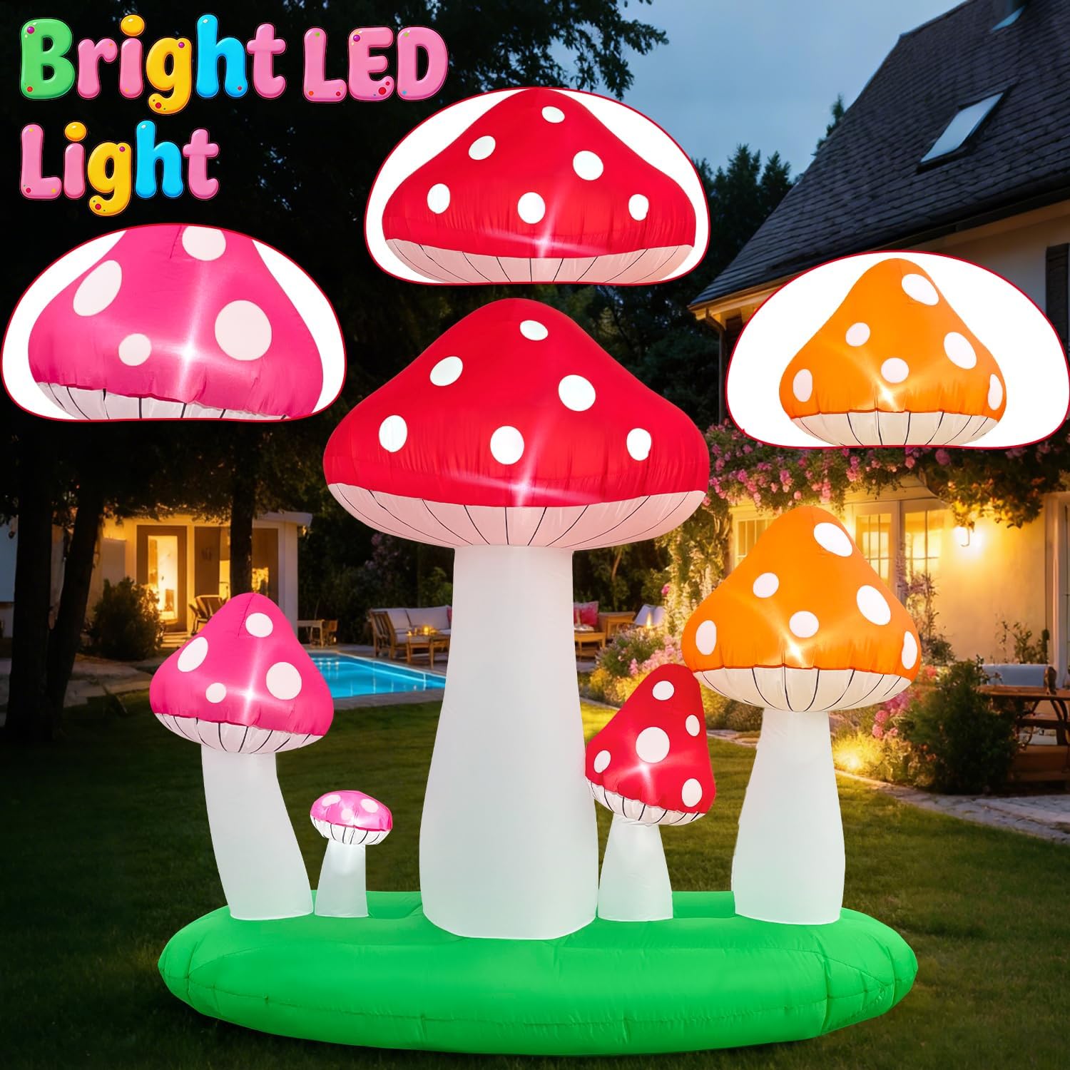 Spinosaurus 7FT Spring Inflatable Mushroom Easter Inflatables Outdoor Decorations Blow Up Large Mushroom with Led Lights Yard Garden Decor for Outside