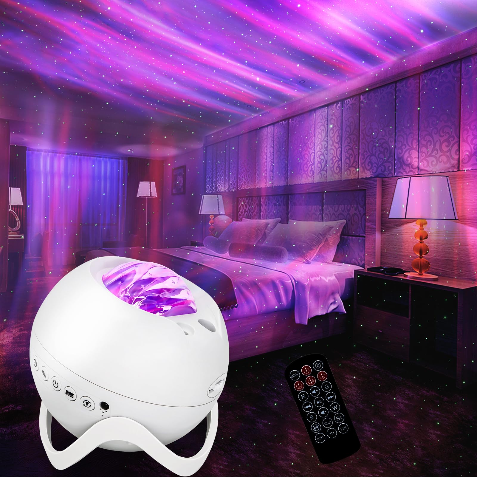 Proyector de estrellas, proyector Galaxy con Bluetooth y mando a distancia, cielo estrellado panorámico de 360 grados, 8 luces nocturnas de ruido blanco para dormitorio, fiesta y cine en casa
