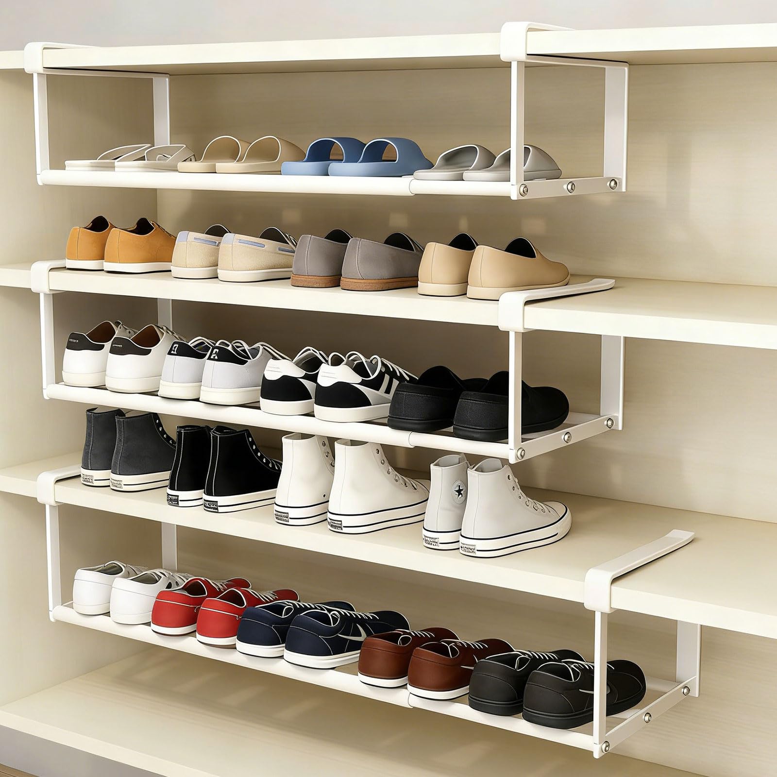 Wiszący regał na buty, organizer w szafie, regulowany 40-70 cm, podwyższony regał pod szafkę, wiszący regał pod biurko, do szafek kuchennych, szafek na buty, szafek na ubrania (biały)