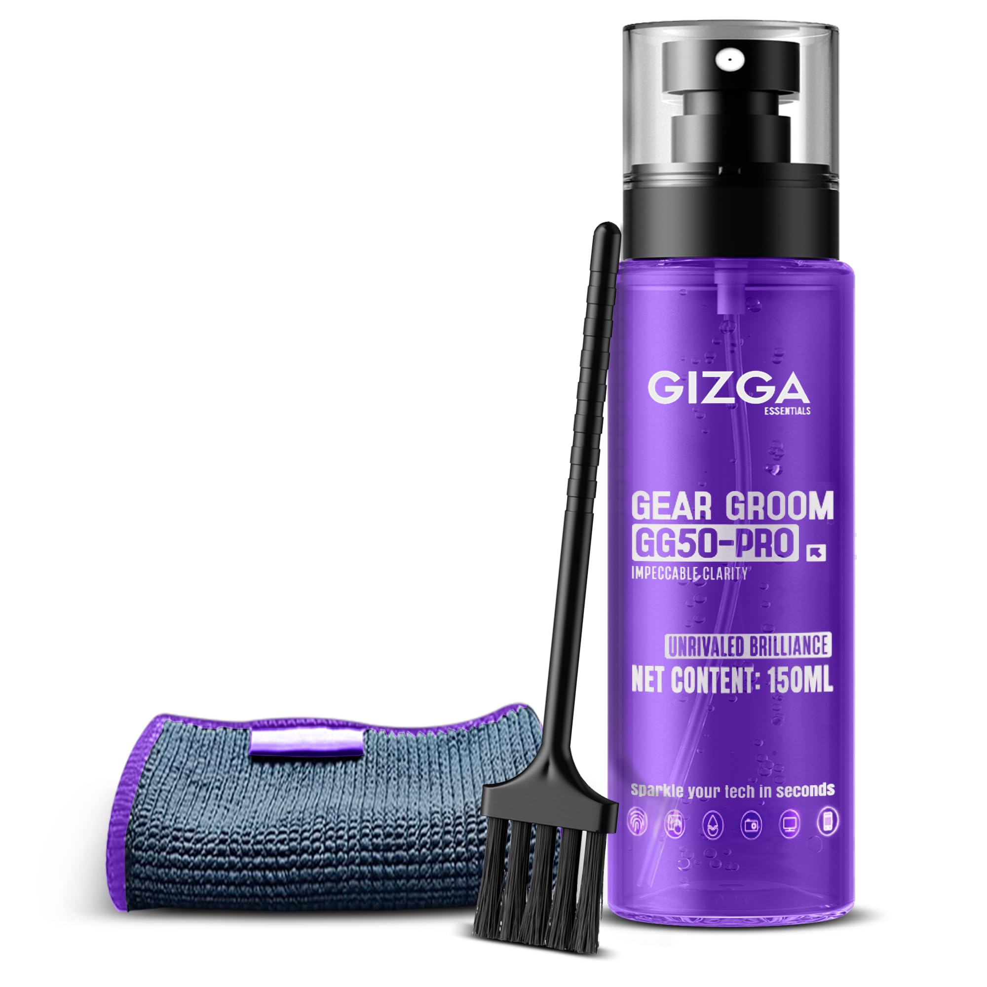 Gizga Pro Series 3-in-1 Cleaning KIT - 150ml Cleaning Spray, Microfiber Cloth & Cleaning Brush| Safe Screen Cleaner for Laptop, PC, Smartphone, Tablet, DSLR Camera Lens, Binocular, Keyboard, Gadgets