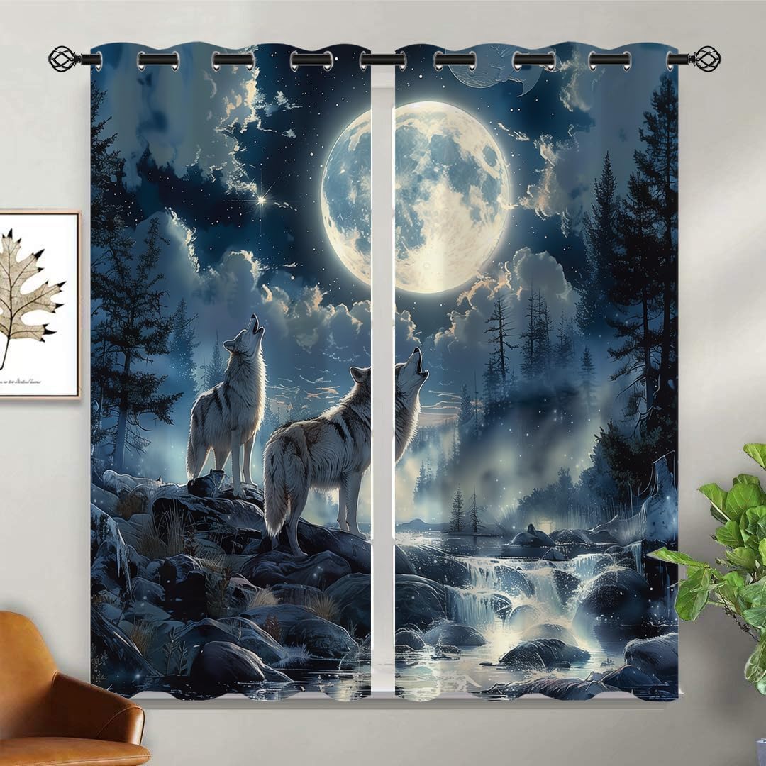 Natural Wildlife Blackout Curtains for Girls Boy Home Decor, Wolf Howling Moon Fantasy Forest Grommet Thermal Insulated Drapes Darkening Window Curtain for Bedroom Living Room, 55 x 63 Inch