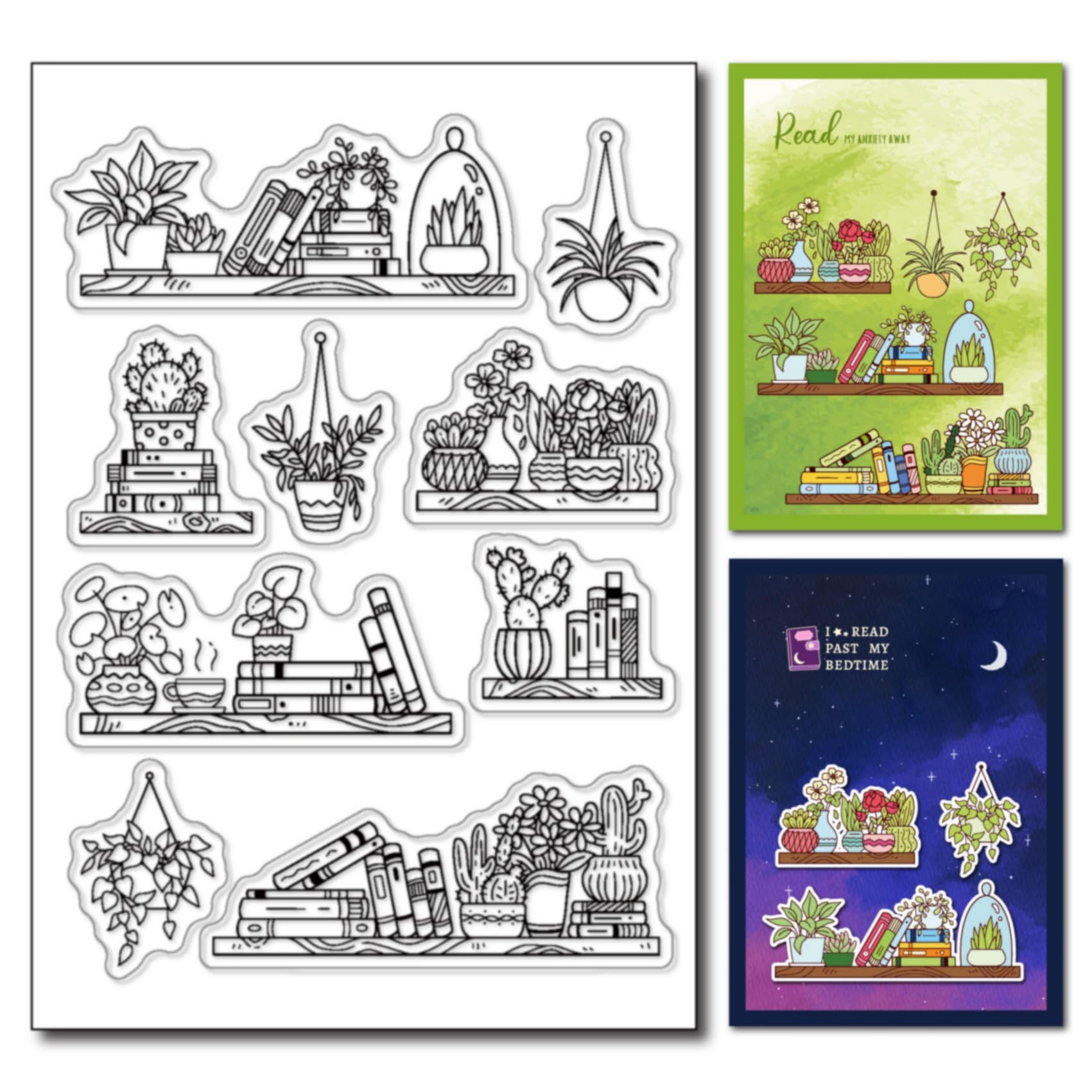 Arbuya Bookshelf Clear Stamps for Planners Journals Books Plants Rubber Stamps for Back to School Books Reading Journals Scrapbooking Decoration