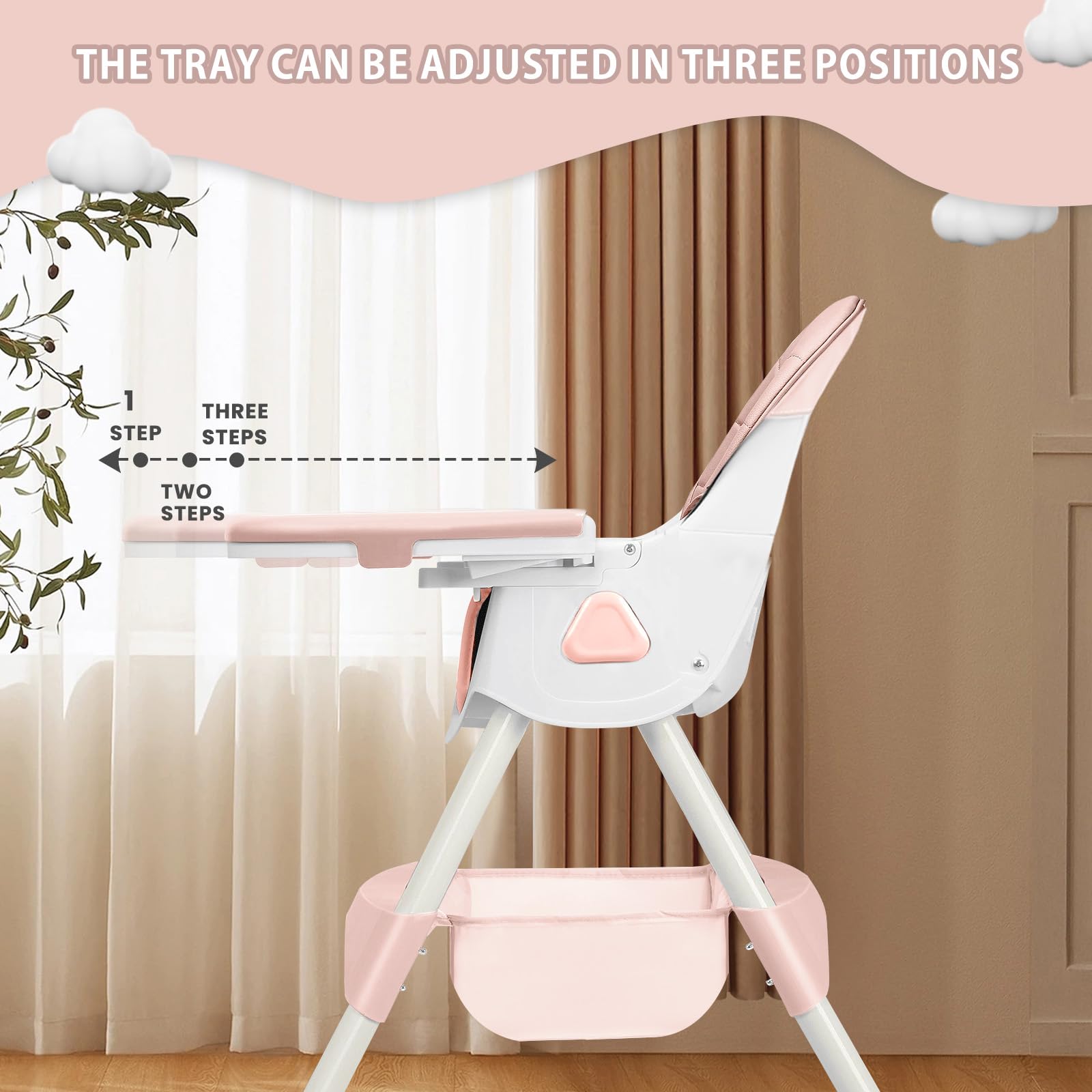 UBRAVOO Trona Bebé 3 en 1, Silla de Comedor Portátil Convertible con Arnés de 5 Puntos, Doble Bandeja para Comida y Estantes para Juguetes (rosa-03)