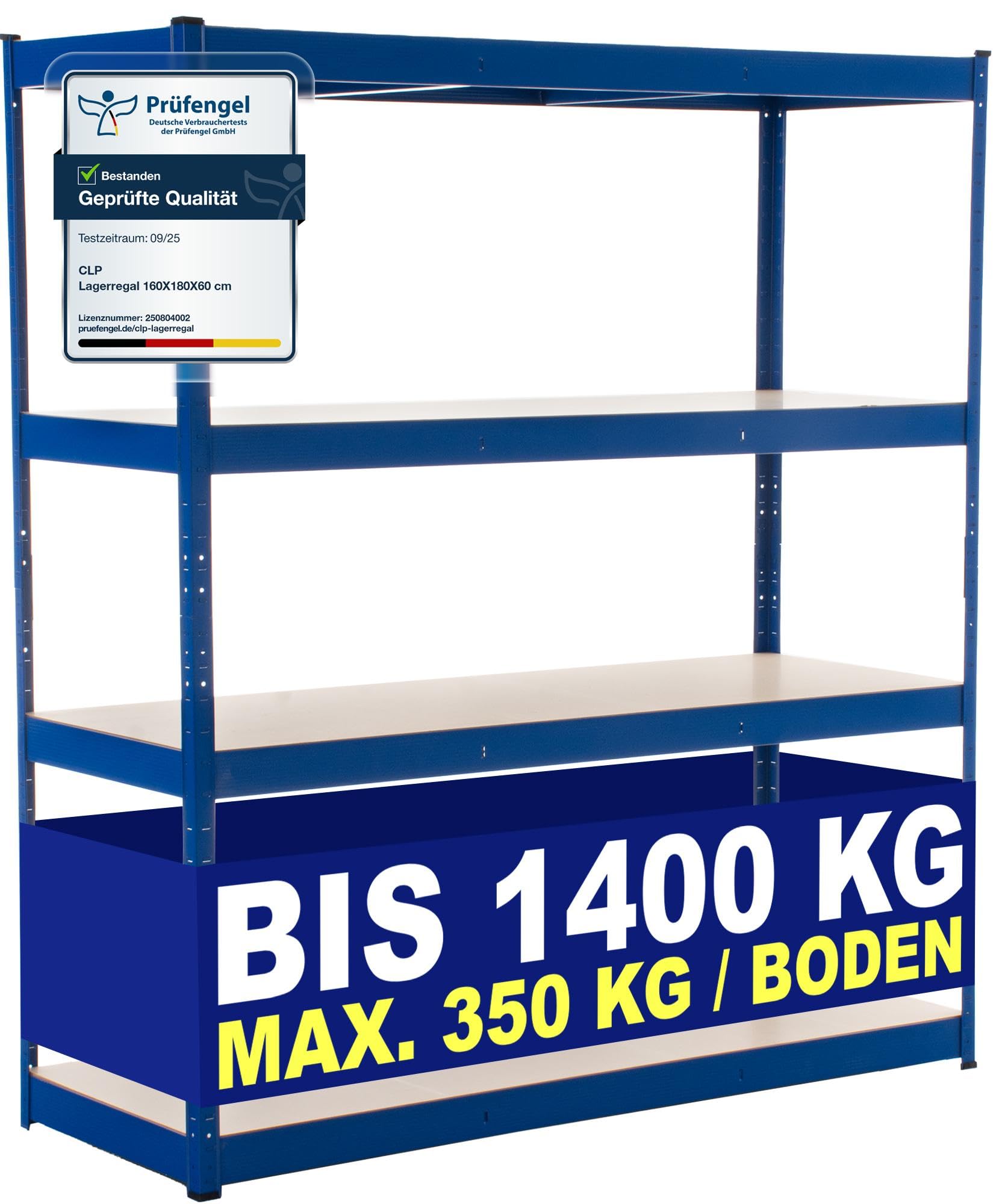 CLP Scaffale Zincato Professionale 160x60x180 Portata Tot 1400 kg E 350 kg per Ripiano I Scaffalatura Metallica 4 Mensole in Legno, Colore:Blu