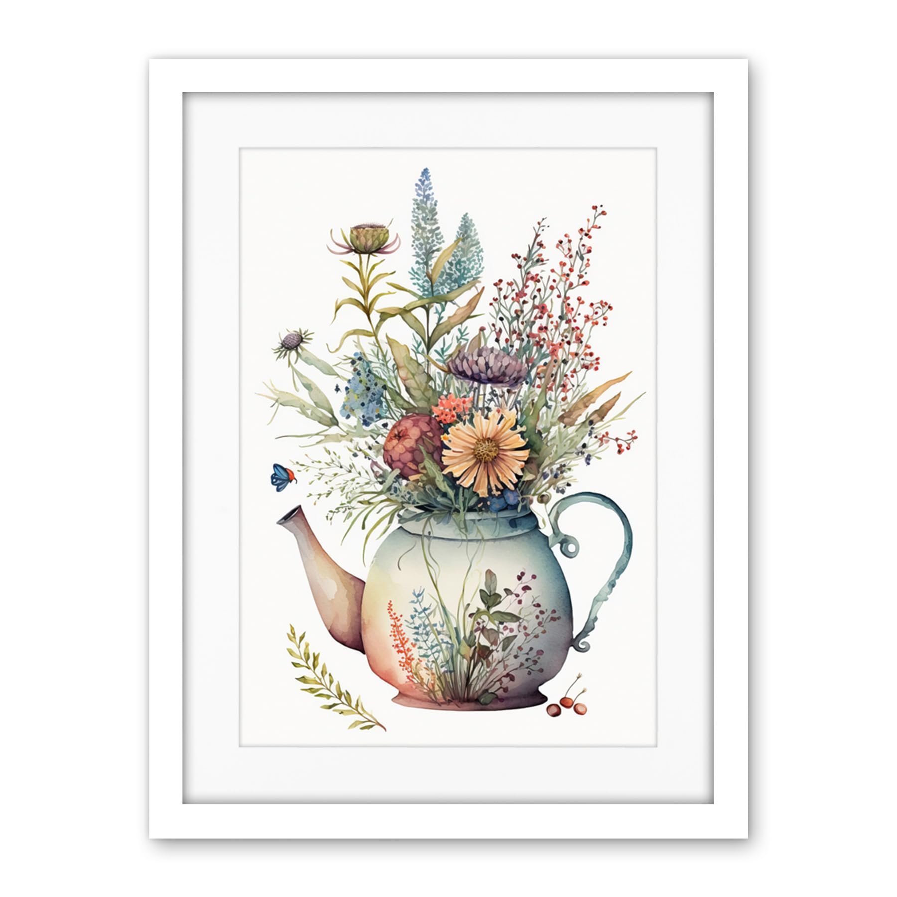 Artery8 Wildflower Floral Bouquet in China Pattern Teapot Artwork Framed Wall Art Print 18X24 Inch