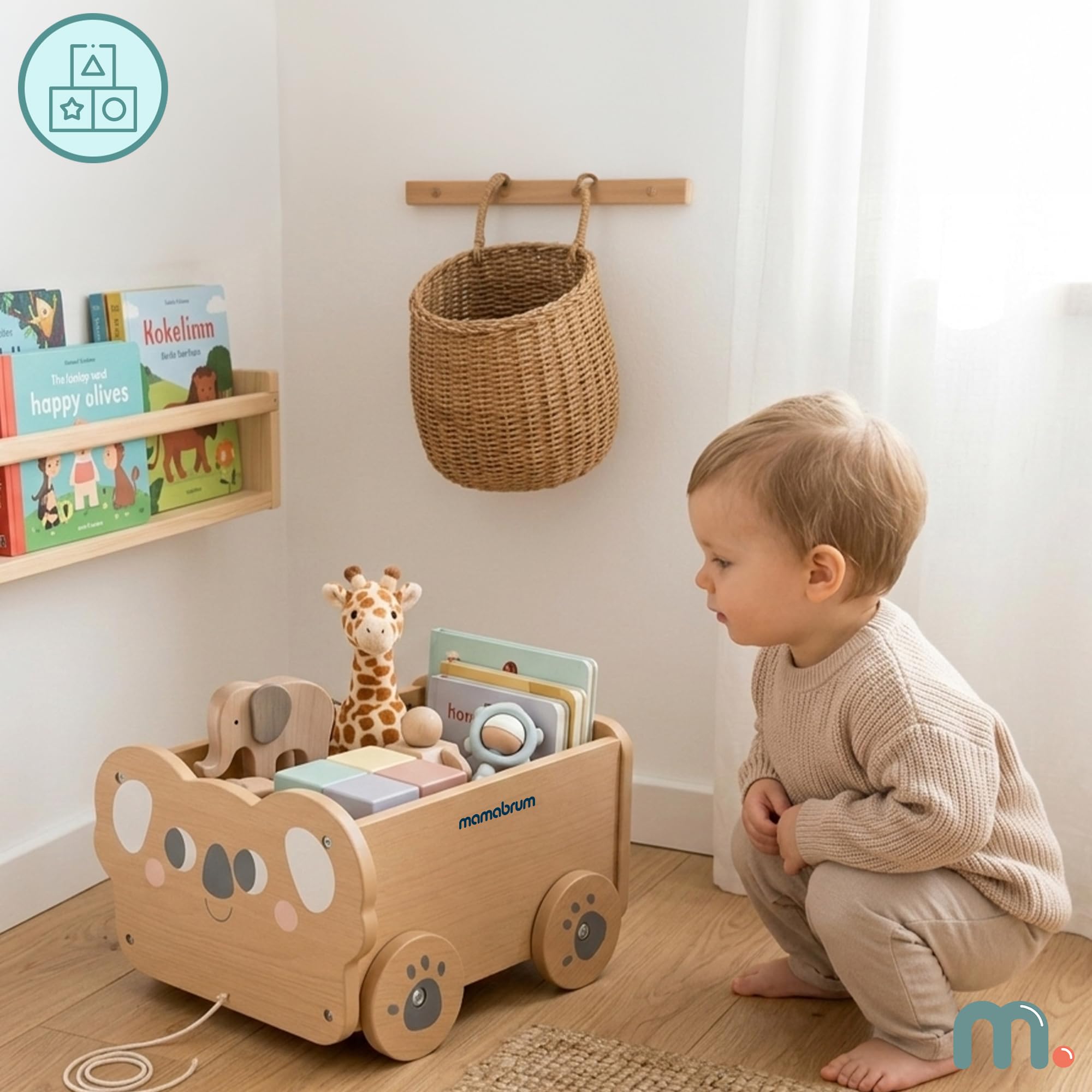 Mamabrum Carrito de Madera Koala para Niños con Cuerda, Juguete de Arrastre con Espacio de Almacenaje 5,54 l, Carro Infantil Educativo para Juego Diario
