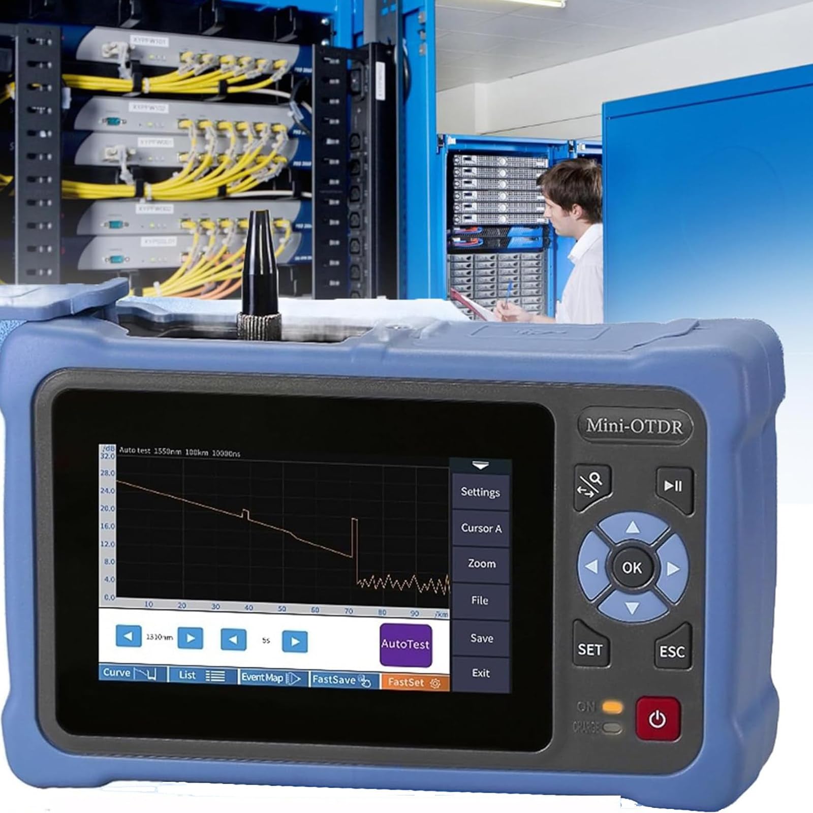 Probador de Cable de Fibra óptica Mini Otdr 1310/1550nm 26/24db Reflectómetro de Fibra óptica, Kit de sonda de inspección de Fibra óptica, Pantalla táctil VFL Ols Opm Evento