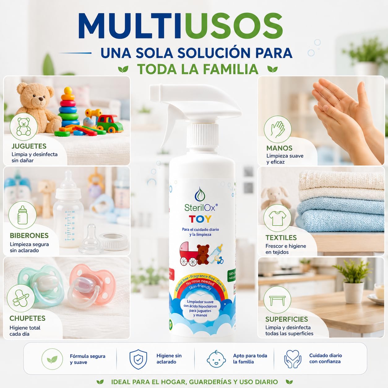 Toy 500 ml — spray detergente naturale con acido ipocloroso (HOCl) per giocattoli, accessori e pelle dei bambini. Senza alcol né profumo, per uso quotidiano, senza risciacquo.