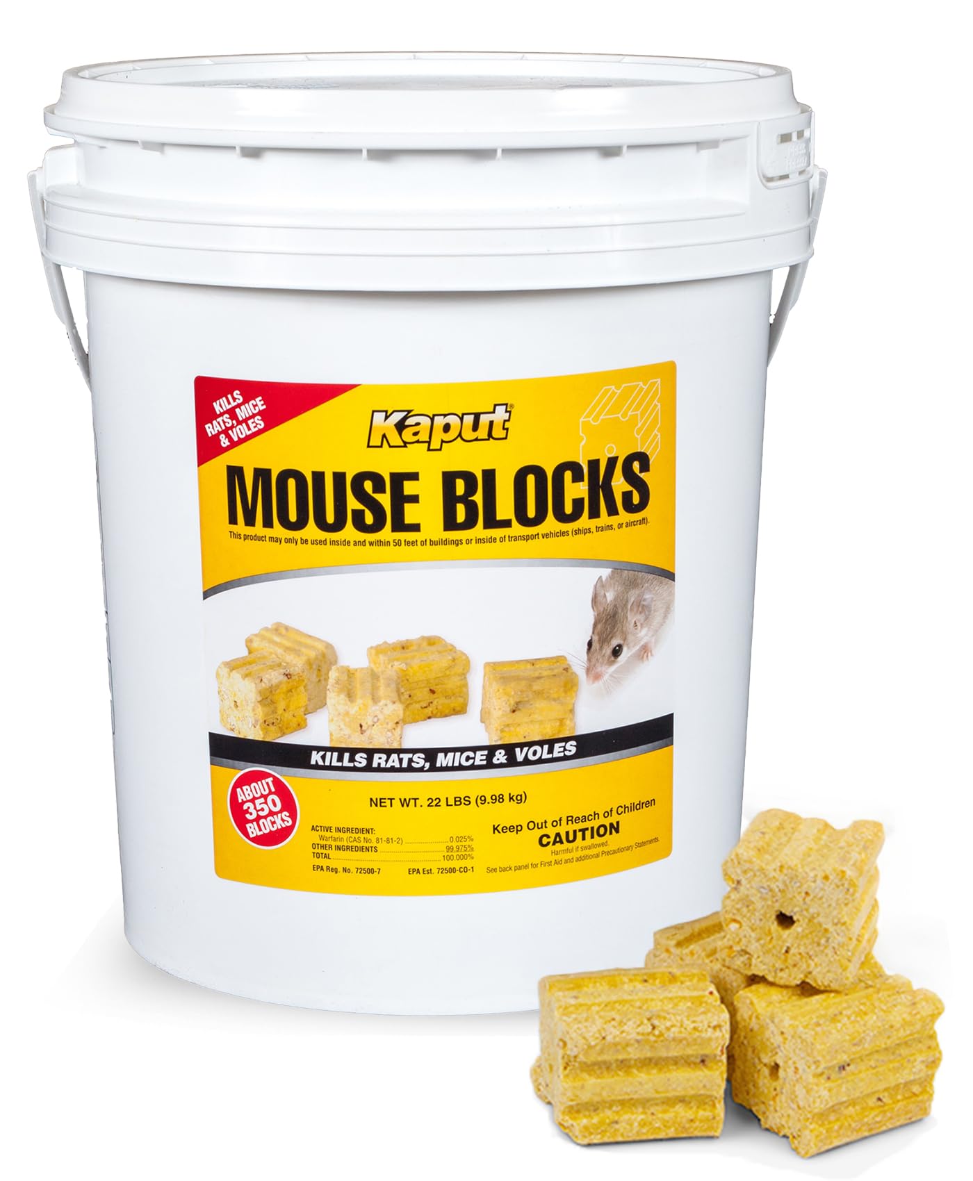 Kaput Mouse Blocks, Rodent Bait for Mice & Rats, Warfarin Vole Killer for Indoor/Perimeter Use, Kills Rodents with Consistent Feeding - Ideal for Homes, Farms & Transport Areas, (22 lbs)
