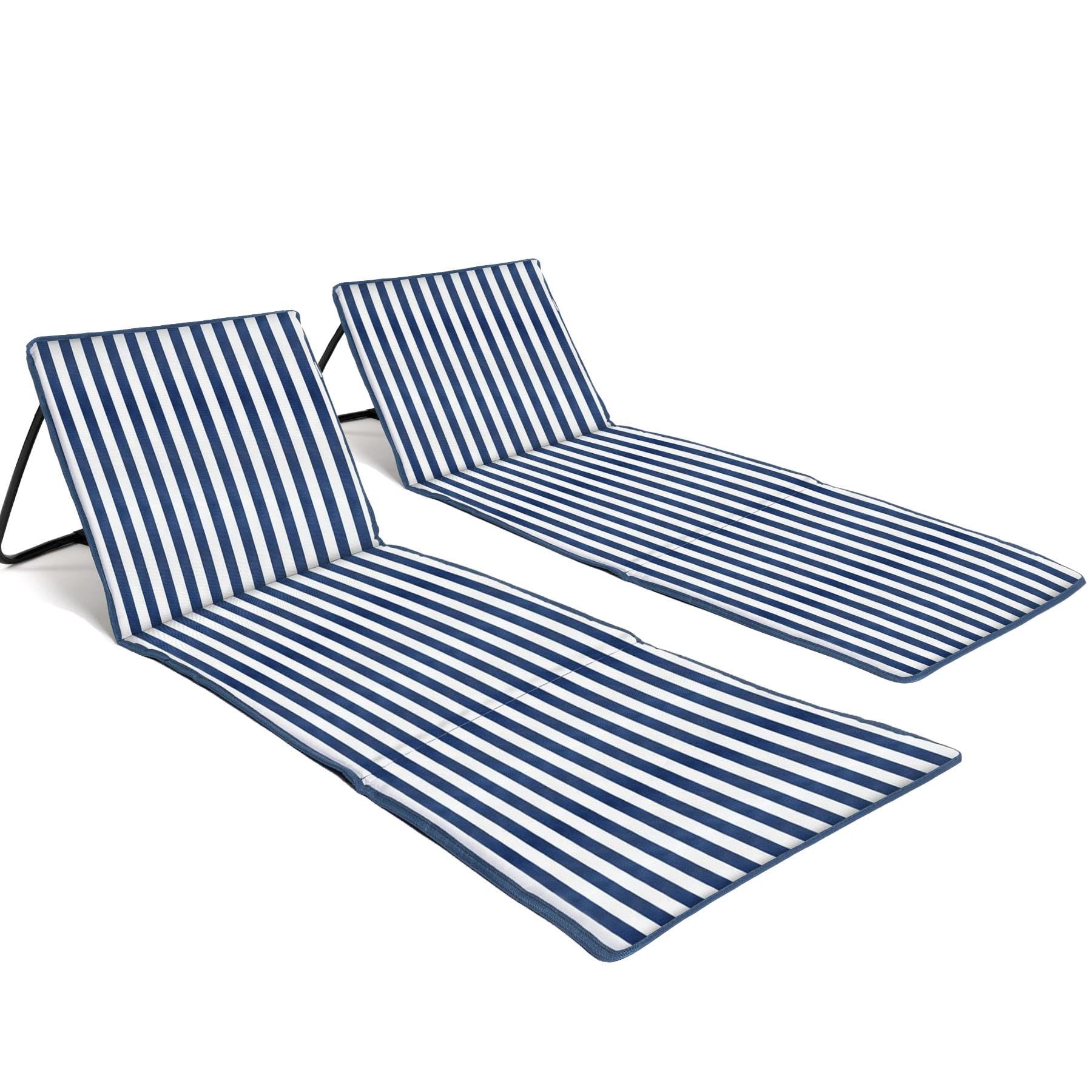 just be... Foldable Beach Mat with Adjustable Backrest (2-Pack) – Lightweight Portable Sun Lounger with Zipped Pocket & Shoulder Strap | Blue Stripes