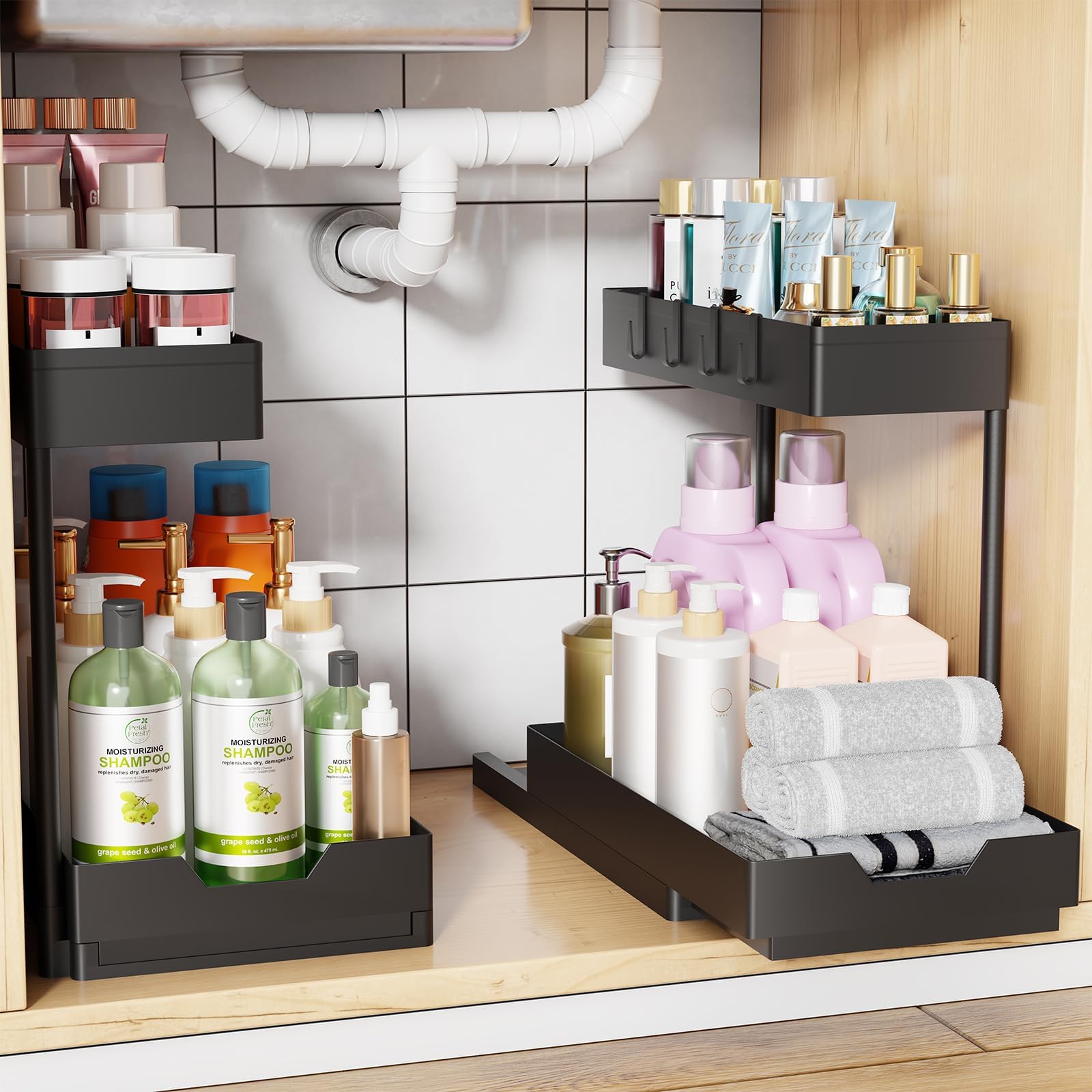 Under Sink Organizer 2 Pack, Sink Pull-Out Sliding Storage Cabinet, 2-Tier Under Shelf Organizer for Kitchen Bathroom with Hooks, Black