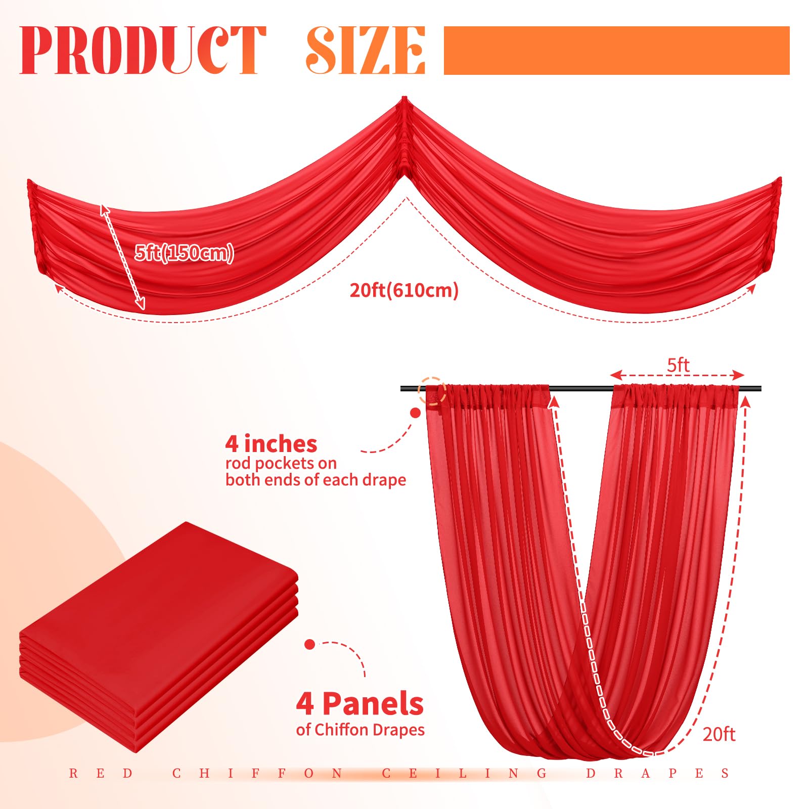 Lot de 4 rideaux de plafond en mousseline de soie transparente pour décoration de fête, cérémonie, scène - 1,5 x 6,1 m - Rouge