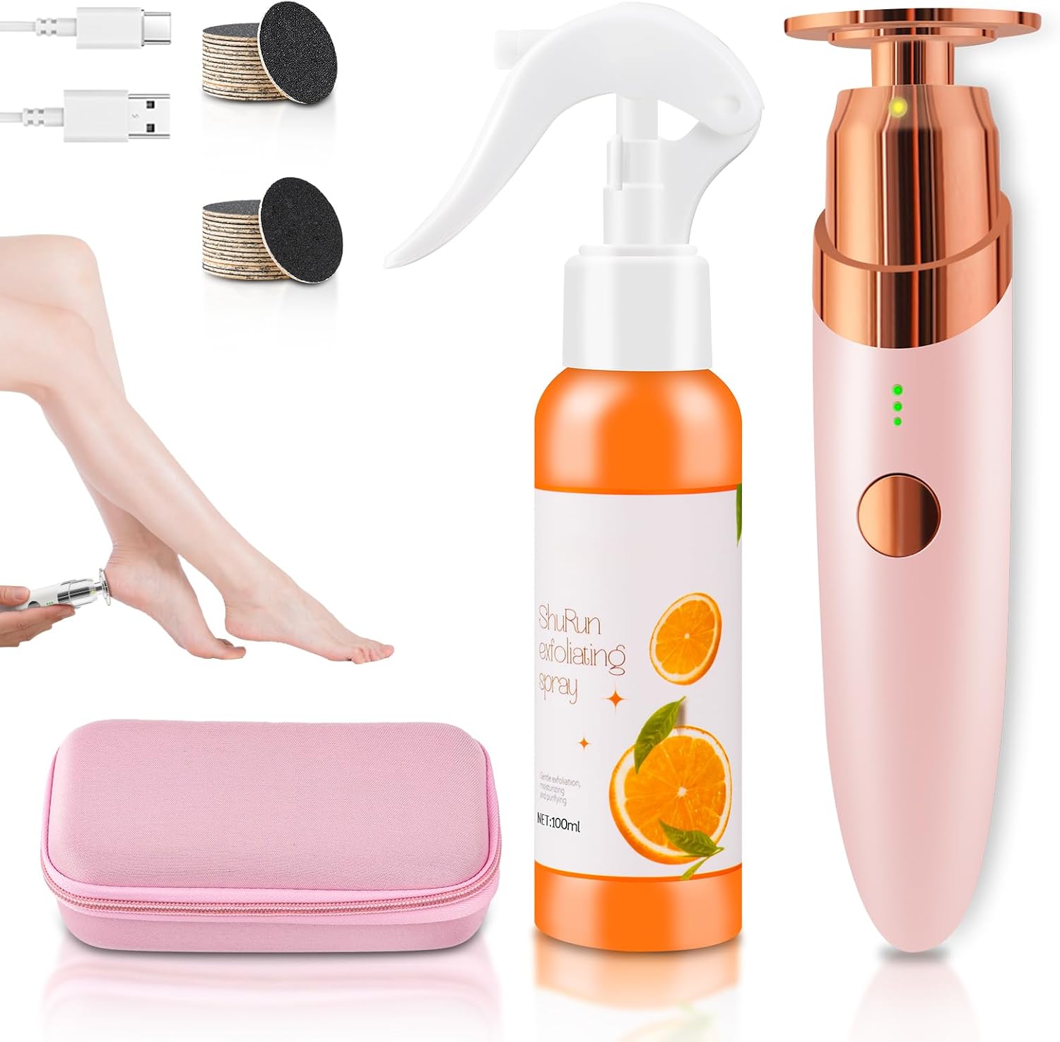 electric foot callus remover kit with 3-speed adjustable settings, portable feet sander for dead skin, heel remover tool with led light, includes foot spray, storage case & 60 sandpaper discs-pink medium-pink