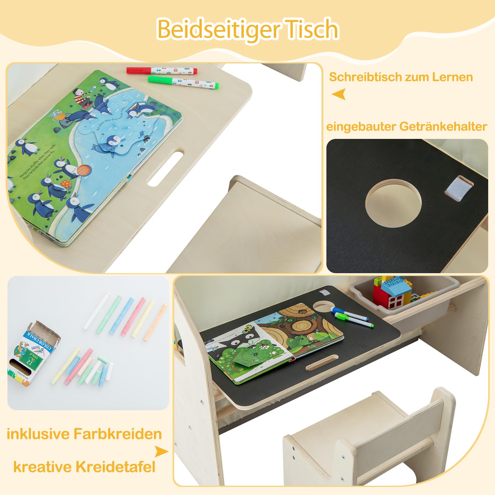 GOPLUS 6 in 1 Kinderzelt, Spielzelt Holz mit Schreibtisch, Stuhl & doppelseitige Tafel, Spielhaus Montessori mit Stauraum, Matte & Vorhänge, Holzspielzelt Indoor für Kinder von 2-6 Jahren (Klein)