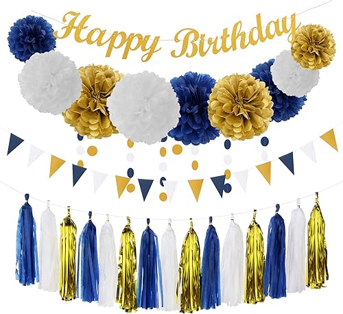 Decoraciones de cumpleaños de color azul marino dorado para hombres y niños, 27 piezas de kits de fiesta de feliz cumpleaños, decoración de
