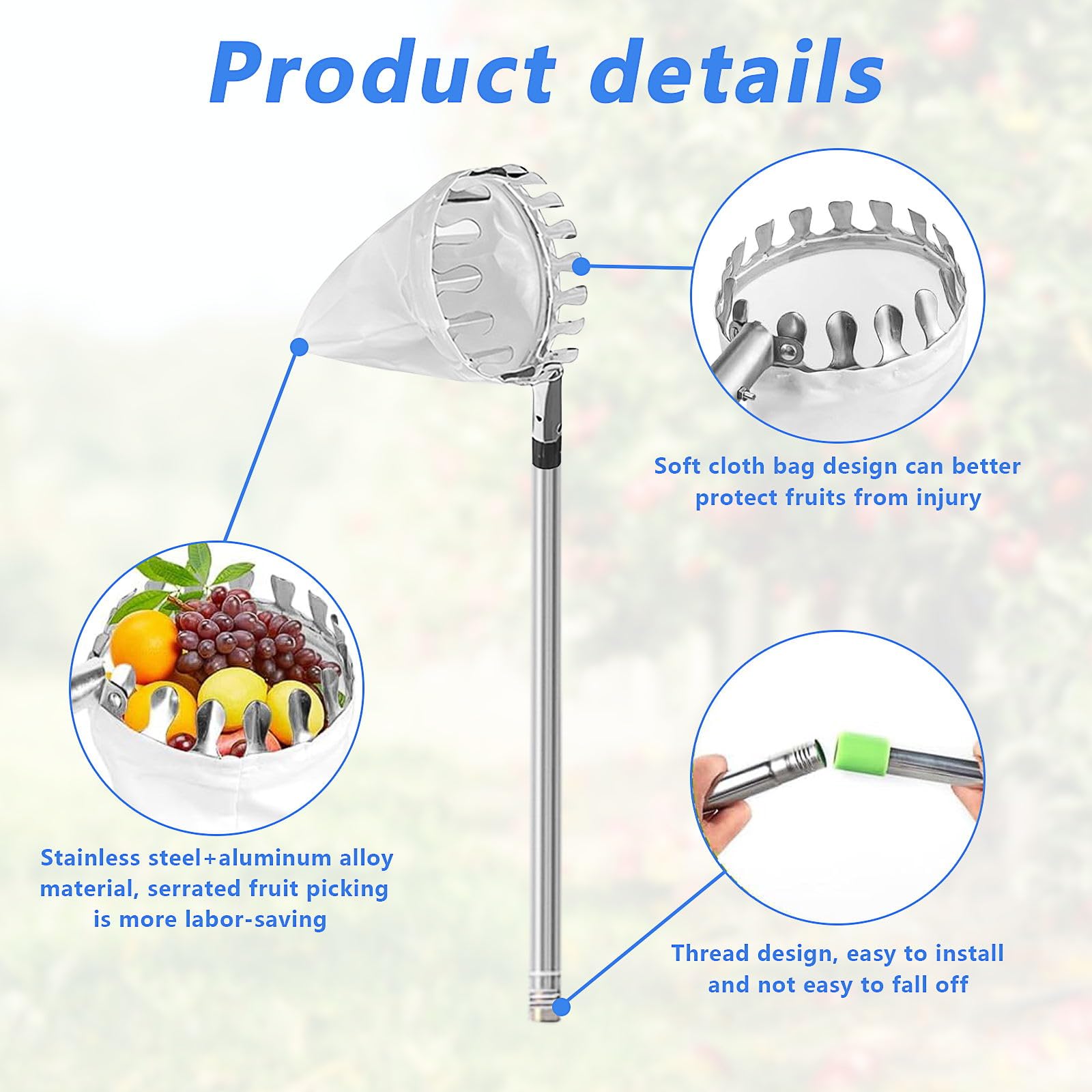 3,2 m raccogli frutta con manico telescopico, diametro 16 cm, raccogli mele, con sacchetto di cotone, in acciaio inox, per mele, agrumi, pere