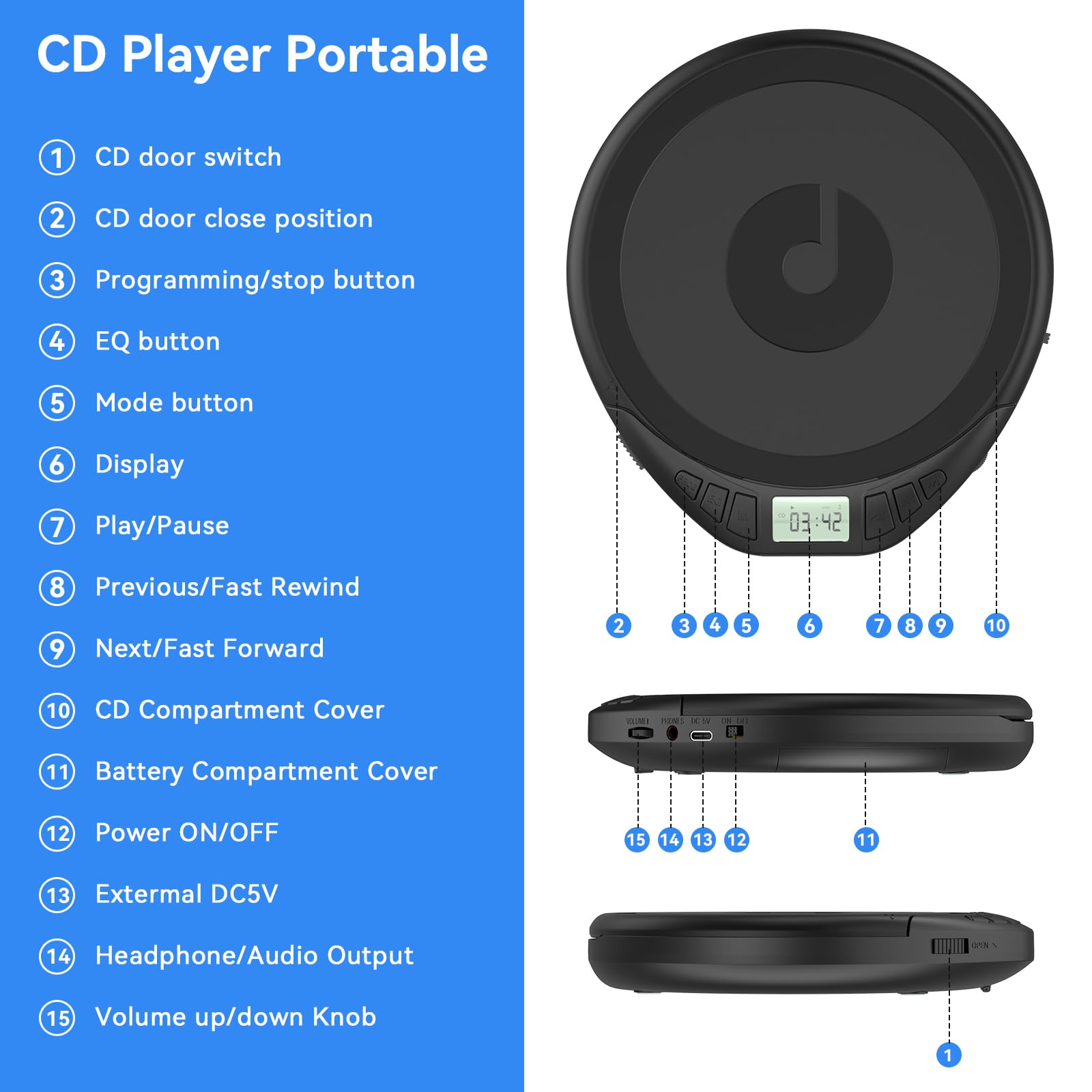 Lettore CD Portatile HiFi con Cuffie Display LCD Anti-Skip