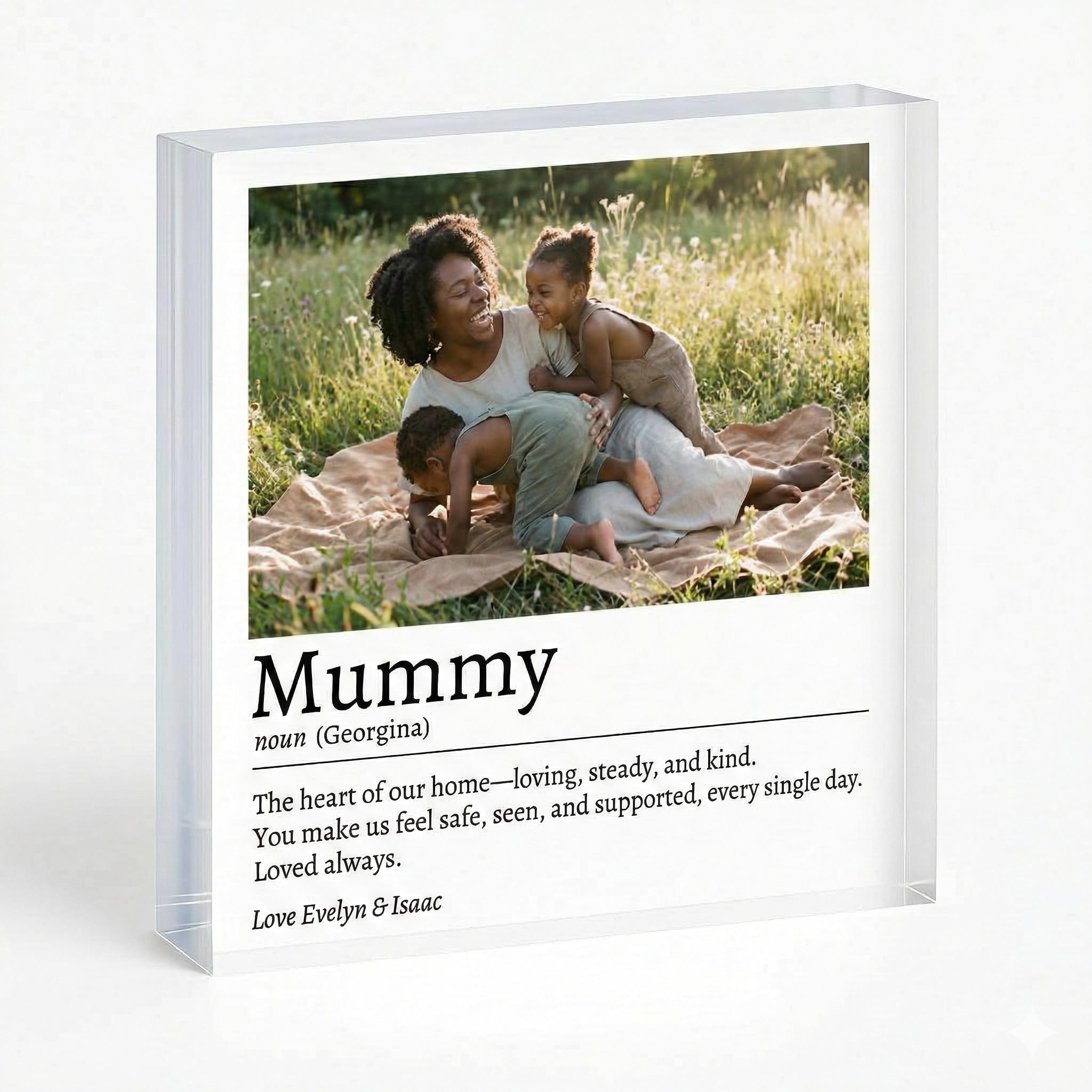 COOKIES AND KOALAS Personalised Acrylic Photo Block Mum Definition Gift - Custom Clear Freestanding Acrylic Photo Block for Mothers Day & Birthday - Personalised Gift for Mum Nan Grandma - 10x10cm