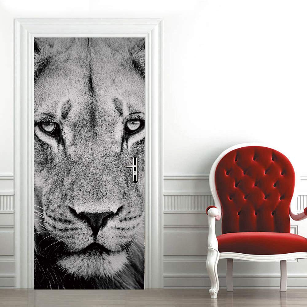 Sticker poster porte trompe l'oeil intérieur design lion en PVC 95x215cm