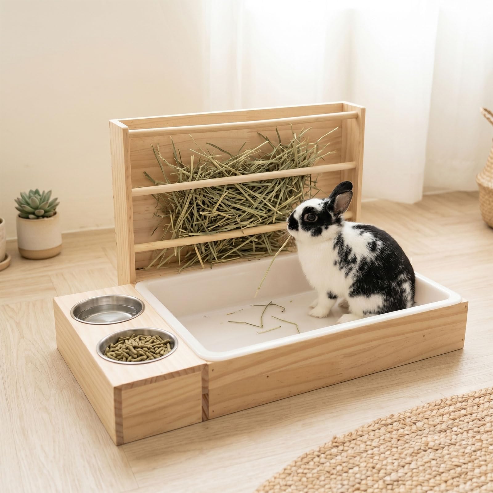 3-in-1 Kaninchen Heuraufe, Heufutterautomat für Kaninchen Mit Toilette Und Futternäpfen, Holz Kleintier Futterstation, Futterspender, Meerschweinchen, Hamster, Chinchilla