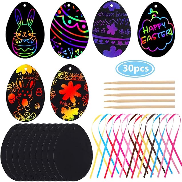 Faburo 30pcs Easter Scratch Art Egg Decorations Easter Scratch Papers Easter Crafts Easter Gifts for Kids Party Bag Fillers