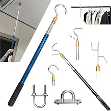 RQG Attic Pull Down Hook,Clothes Hook Pole,with 2 16-60 inch Telescopic Rods,Used for Pulling Down Attic Ladders and Hanging Clothes,Light and PlantsStainless Steel,Portable,Multifunctional,3 in 1