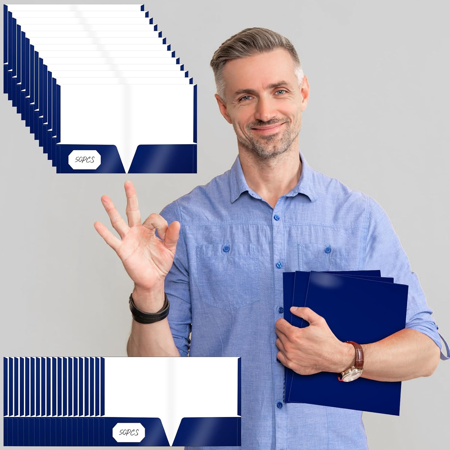Jutom 50 Pcs 2 Pocket Glossy Paper Folders Glossy Paper Laminated Portfolios, Letter Size, Presentation Folders with Pockets for Office Teacher Worker Supplies(Blue Color)