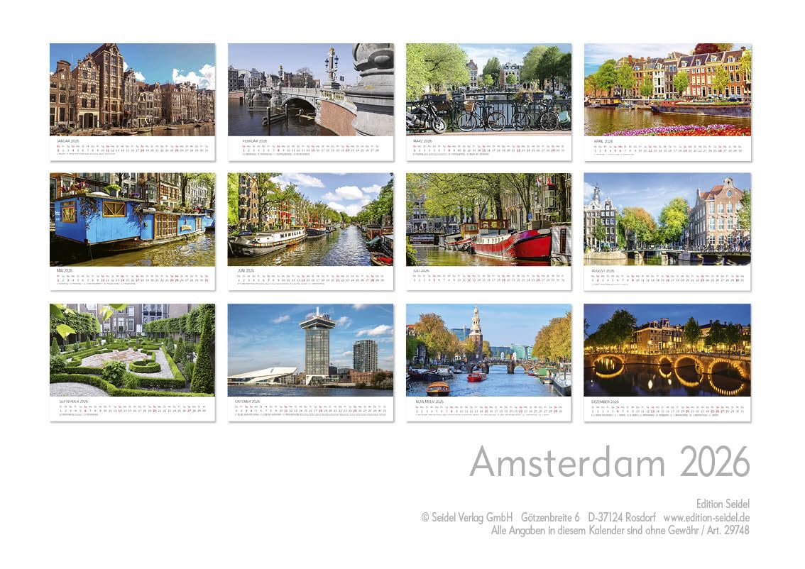 Edition Seidel Kalendarz premium Amsterdam na rok 2026, format DIN A4, kalendarz ścienny, Europa, Holandia, tulipany, kanały, mosty metropolia, panoramę