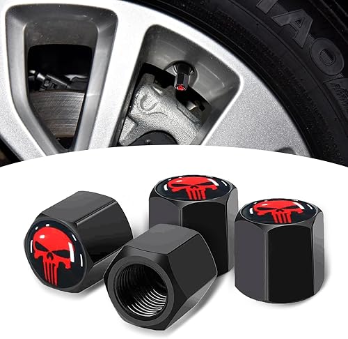 ZBGUN 4 tapas de vástago de válvula de neumático de calavera, tapa de aire de metal con forro de plástico, resistente a la corrosión, a prueba de