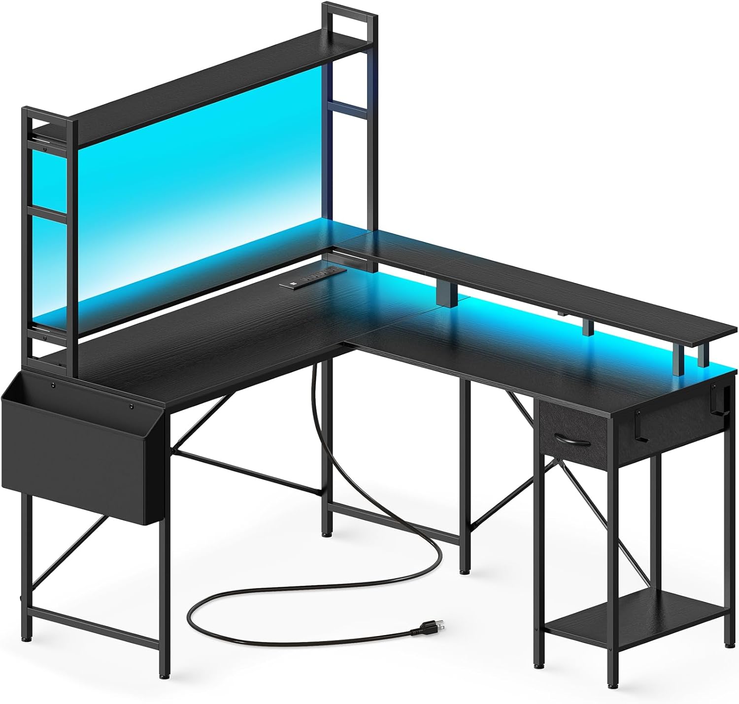 Huuger L Shaped Desk Gaming Desk with LED Lights & Power