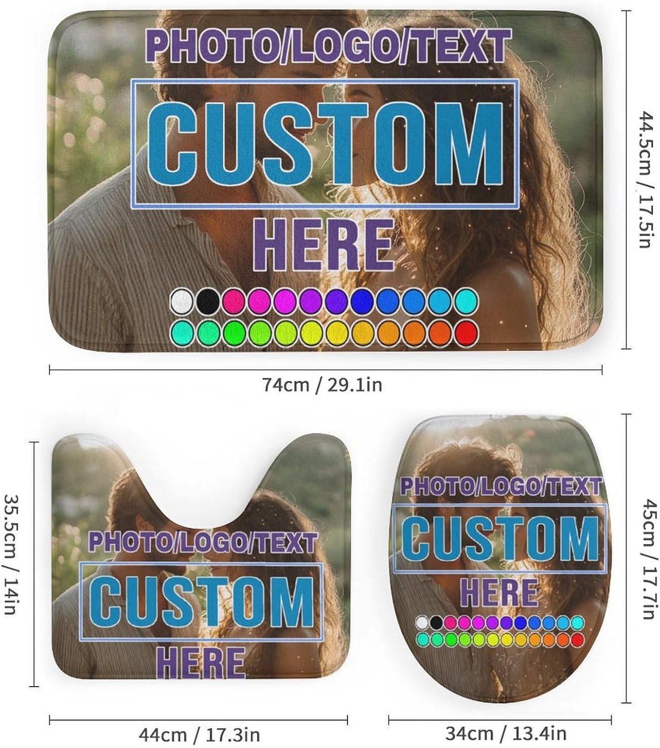 Custom 4-Piece Bathroom Set Personalized Shower Curtain with Hooks Non-Slip Bath Mat U-Shaped Toilet Mat & Toilet Lid Cover Custom Photo/Text/Logo