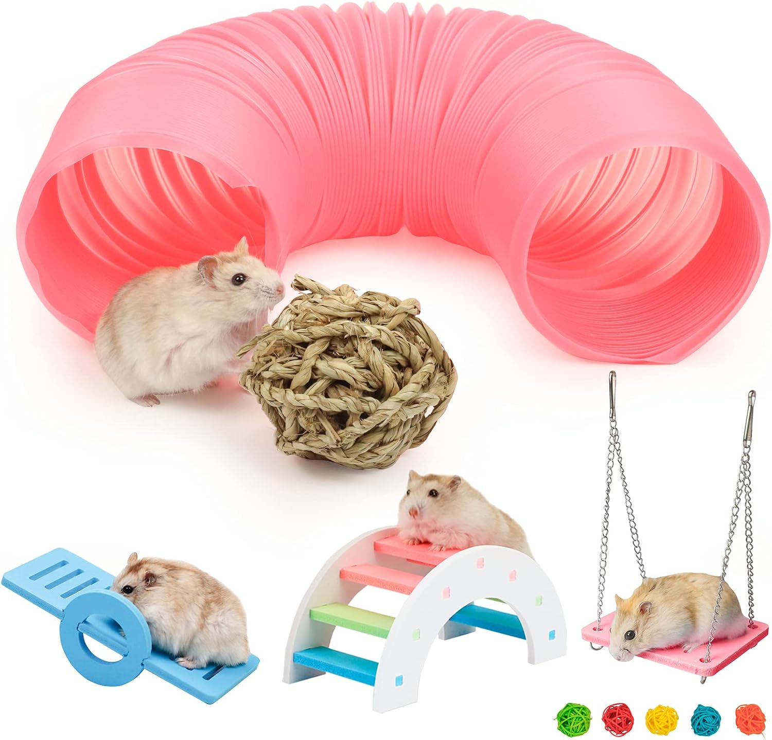Small Animal Foldable Play Tunnel, with 1pcs Hamster Rainbow Bridge 1pcs Hamster Seesaw 1pcs Hamster Swing 1pcs Play Balls and 5 Rattan…