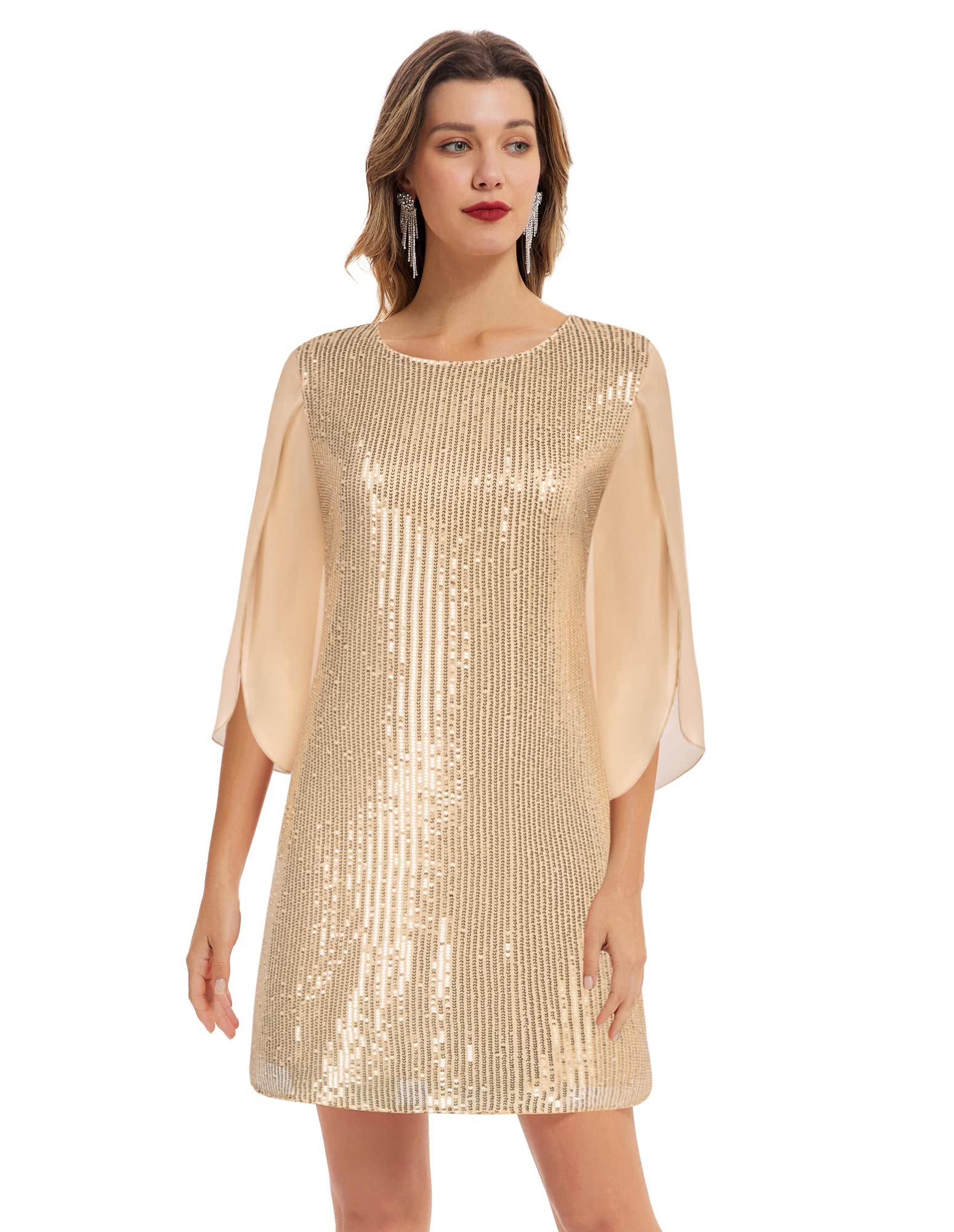 GRACE KARIN Vestido Mujer Vestido Elegante Lentejuelas Manga Gasa Transparente en Cuello Redondo