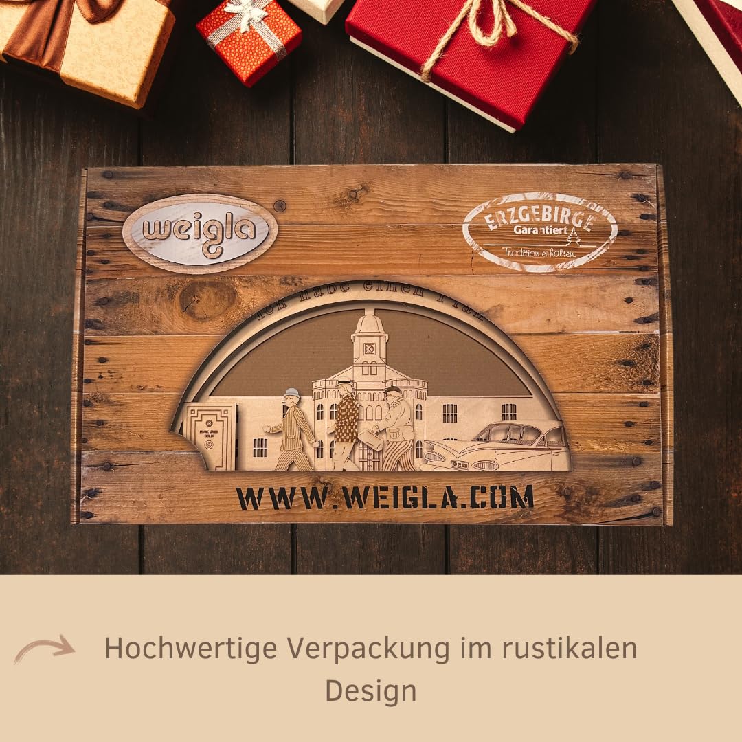 weigla - Schwibbogen original Erzgebirge I Lichterbogen Weihnachten I Motiv Olsenbande I 7 Lampenkerzen + 1 Ersatzlampe I 7 x 34 V, 3 W, E10 I beleuchtete Weihnachtsdeko innen I Ganzjahresdeko