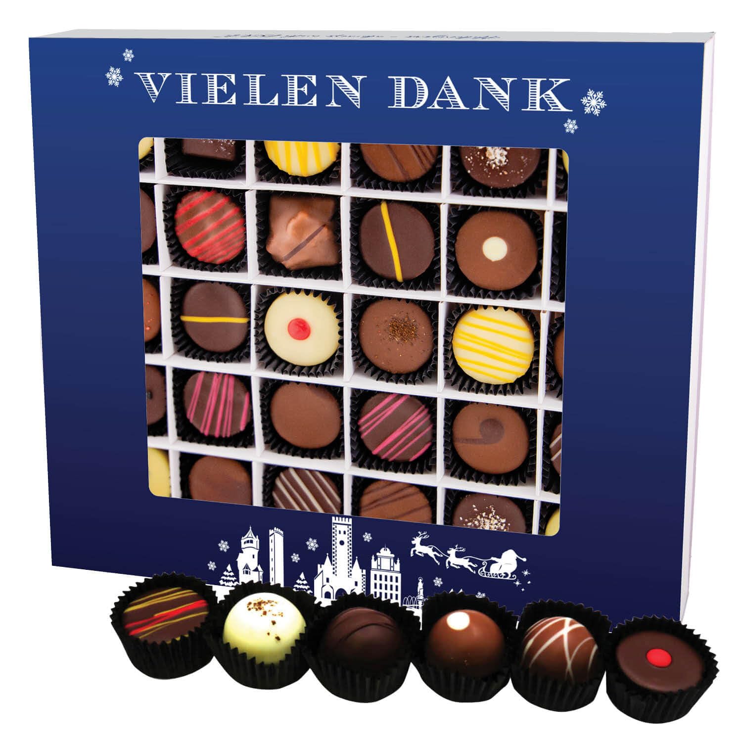 Hallingers Genuss Manufaktur Pralinen Weihnachts-Geschenk - mit & ohne Alkohol, handmade aus Confiserie-Edelkakao in wertiger XXL-Geschenkbox "Vielen Dank Blau", Weihnachten für Frauen Männer