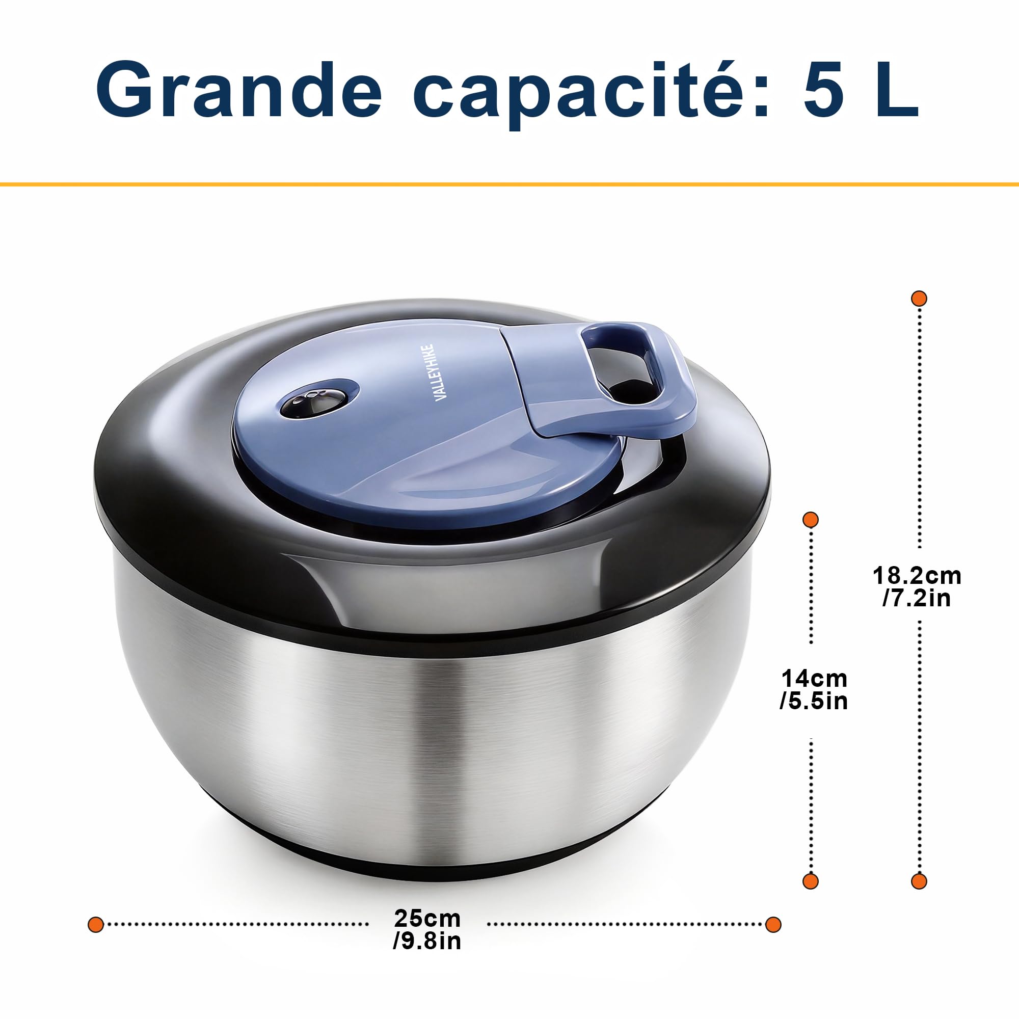 VALLEYHIKE Essoreuse à Salade Acier Inox, 5L Couvercle Fraîcheur, Sans BPA