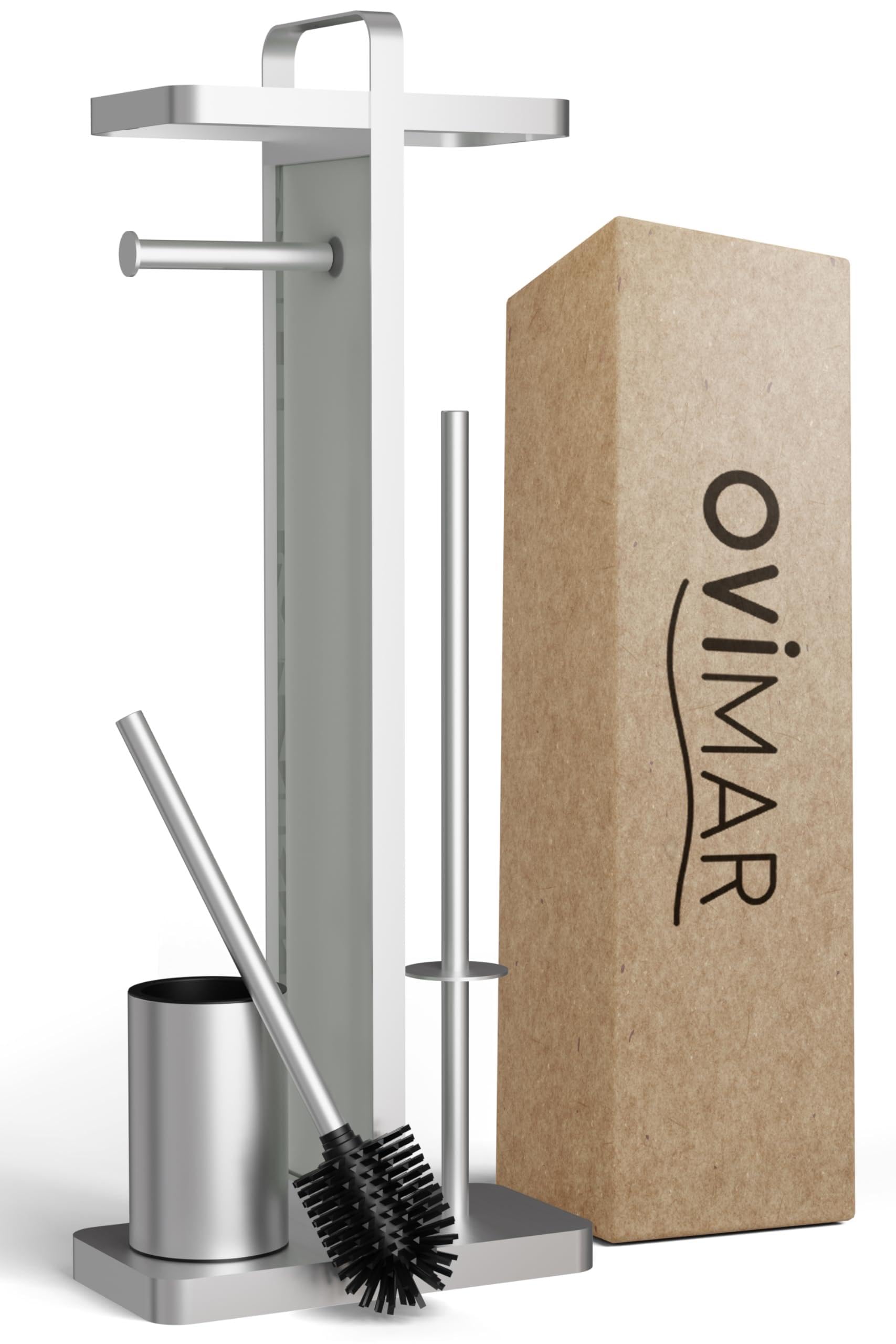 ovimar 4-in-1 Stand WC-Garnitur Tuapaat in Silber | WC Bürstengarnitur mit Silikonbürstenkopf, WC Rollenhalter, Ersatzrollenhalter und Smartphone Ablage | platzsparend | Badezimmer Organizer Edelstahl