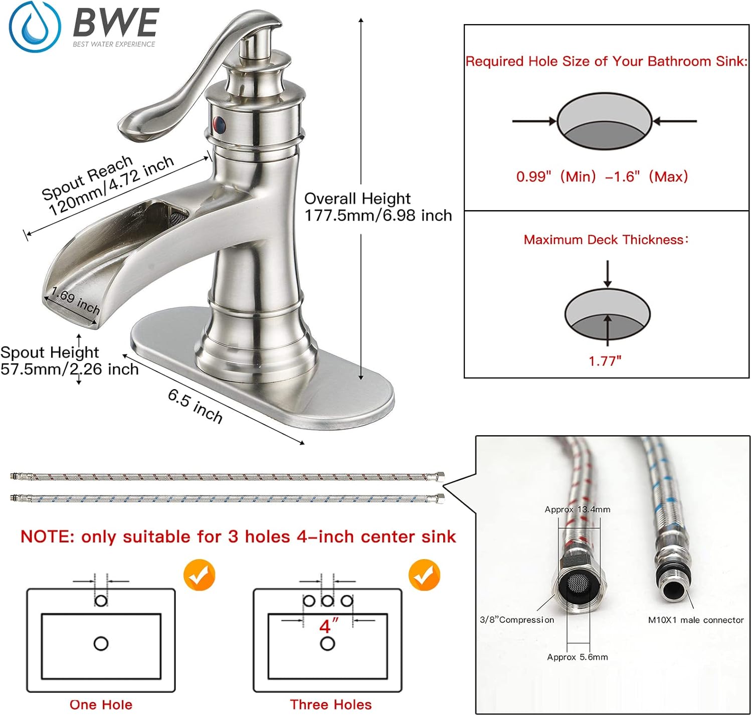 BWE Bathroom Faucet Brushed Nickel Waterfall Single Handle Hole Sink Faucets Bundle with Bathroom Sink Drain Bathroom Faucet Vessel Vanity Sink Drain Stopper Without Overflow