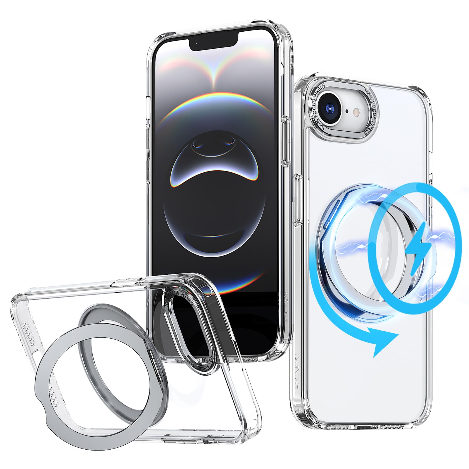 PRODELI For iPhone 17e/16e 専用 ケース 第4世代 カバー 360°回転スタンド機能 米軍MIL規格 iPhone 17e ケース 耐衝撃 ワイヤレス充電対応 落下防止 レンズ保護 擦り傷防止 マット感 おしゃれ リング マグネット搭載 スマホケース アイフォン 17e/16e 用 保護カバー（透明）