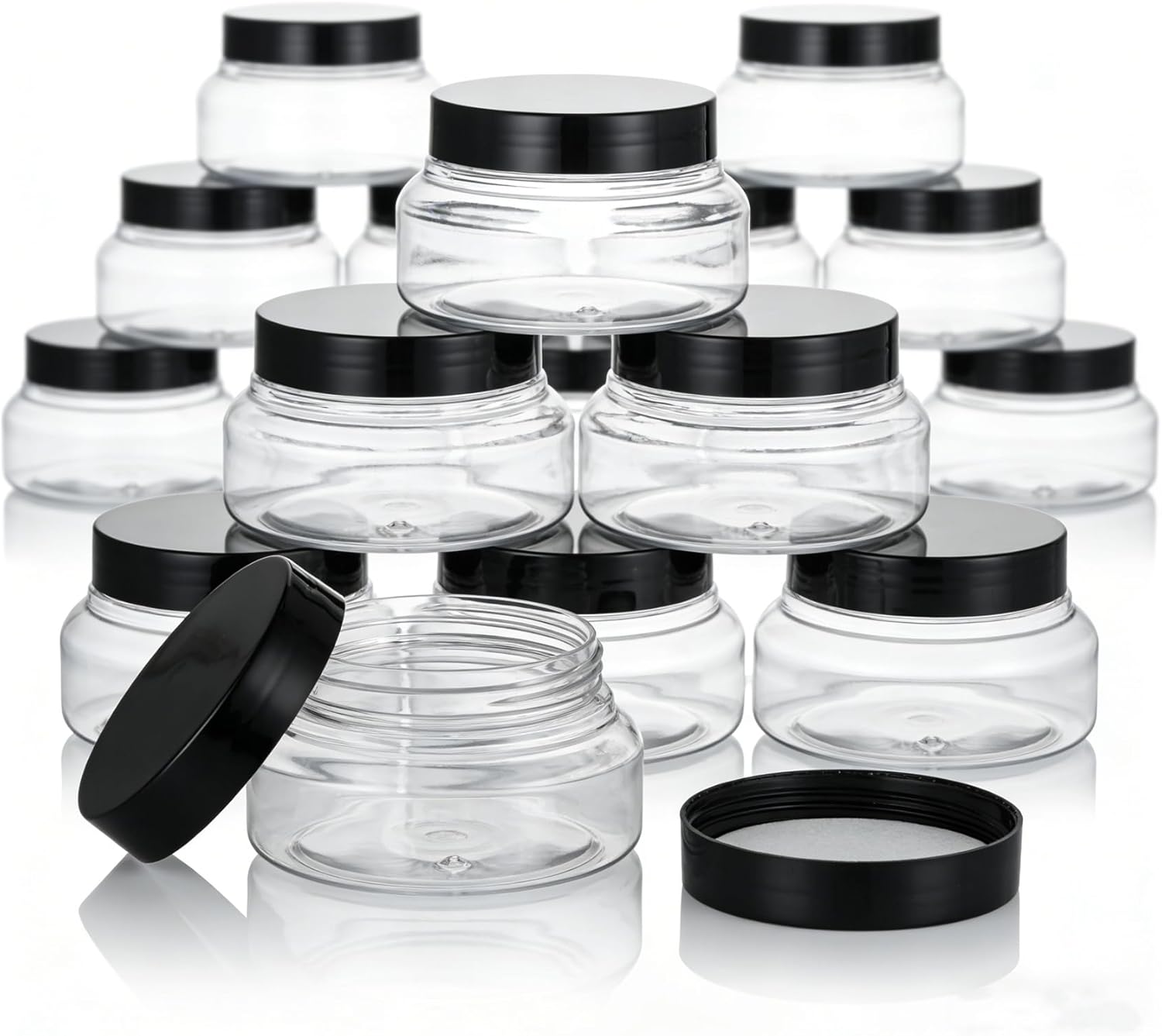 24 Pack 5 Oz Plastic Jars with Black Lids, BPA Free Clear Body Scrub Containers, Empty Round Samples Jars for Sugar Scrub, Lotion, Body Butter, Cream