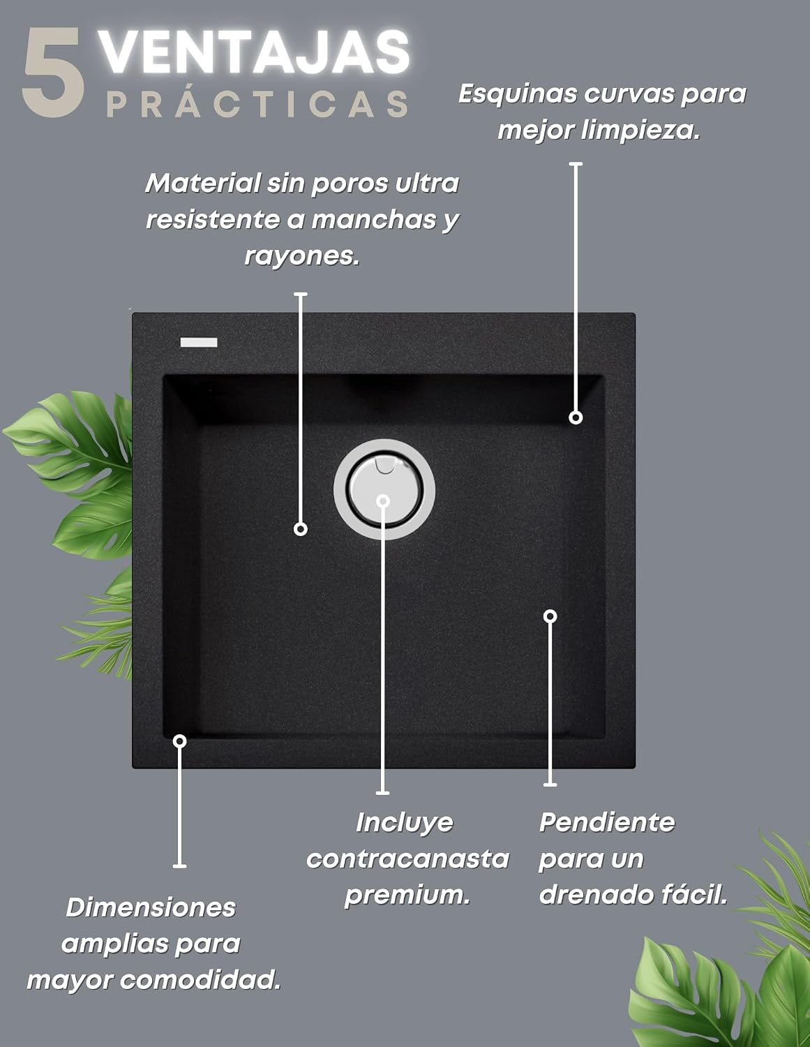 PLADOS ON5610 built-in kitchen quartz sink 56 cm single tub - Black Metal
