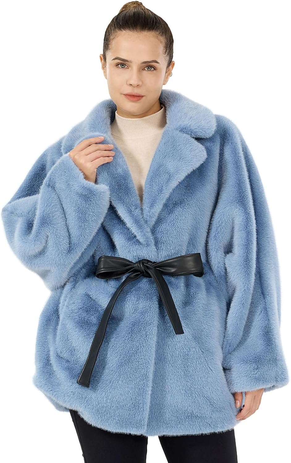 Women's Loose Faux Fur Jacket Winter Warm Lapel Cardigan Fluffy Faux Mink Fur Coat with Belt & Pockets