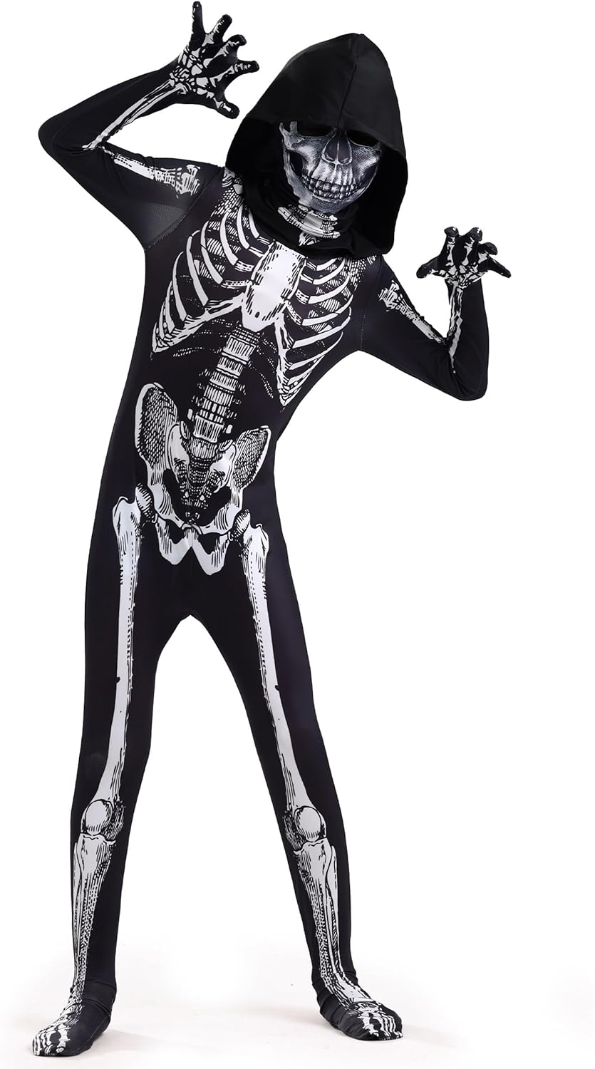 Kids Skeleton Costume – Scary 3D Bodysuit Jumpsuit for Boys & Girls, Halloween Creepy Onesie for Toddlers 3-4 Years Black & White