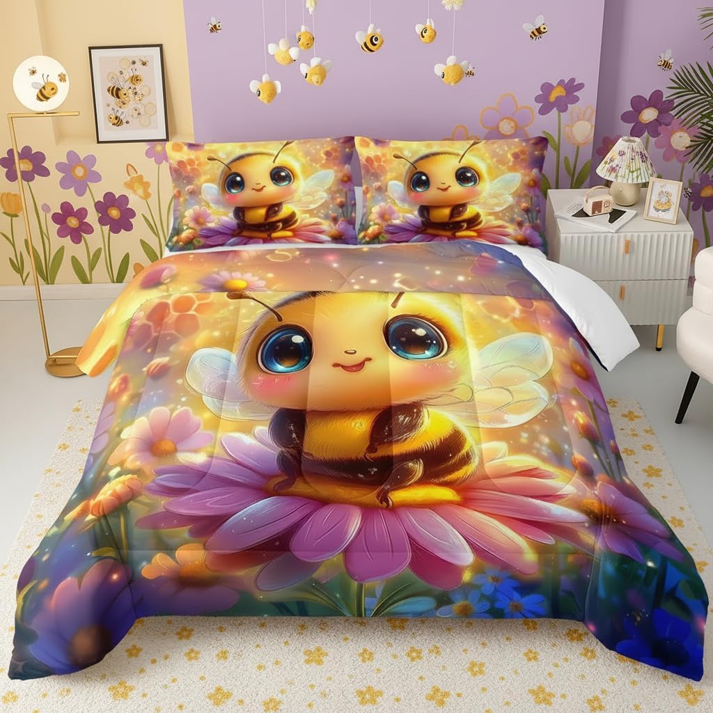QOOMO Kawaii Bee Kids Bedding Set,Cartoon Animal Print Comforter Set Queen Size for Boys Girls Teen Room Decorat,Soft Lightweight Bed Set All Season,1 Comforter Set 2 Pillowcases