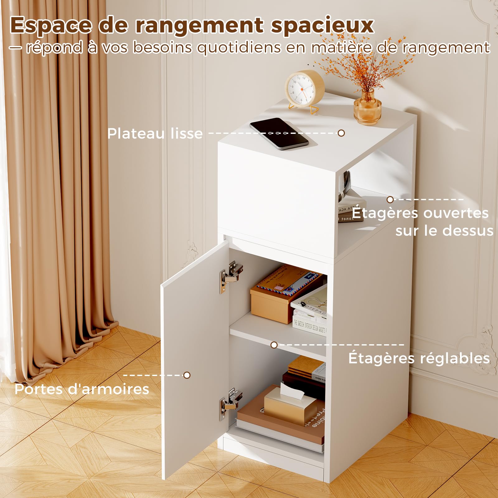BEWISHOME Table de Chevet Étroite Lot de 2,Table d'Appoint,1 Port | Compartiment Ouvert,3 Étagères Réglables en Hauteur,65 x 25 x 30 cm,pour Chambre à Coucher et Salon,Blanc EFCG13W