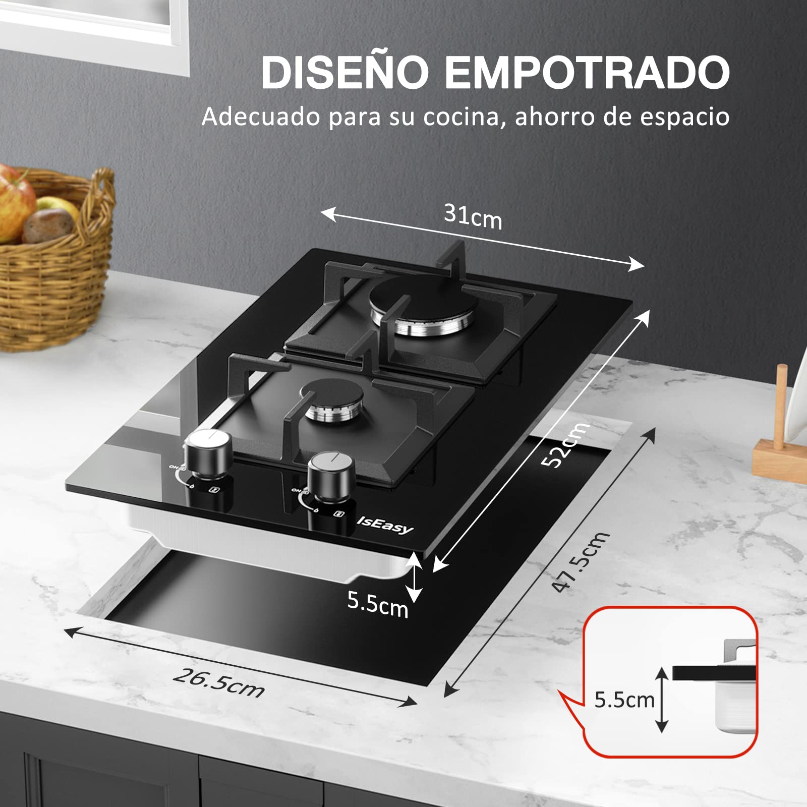 Piano Cottura a Gas, Piano cottura 2 fuochi gas incasso, Adatto per LPG e NG (3700W)